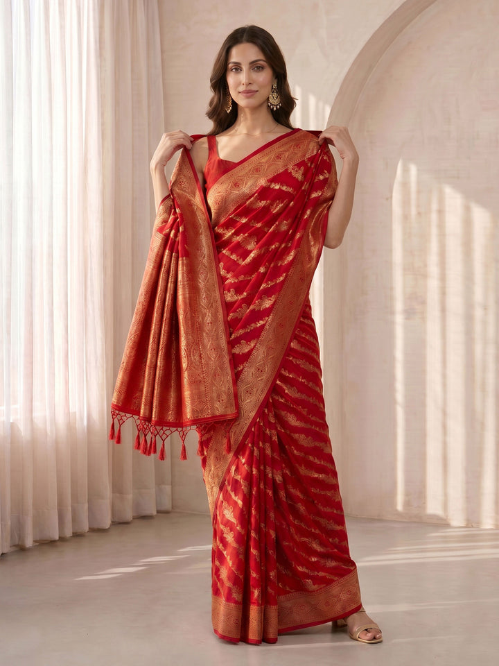 Red Cotton Silk Saree with Gold Zari Woven Floral Motifs
