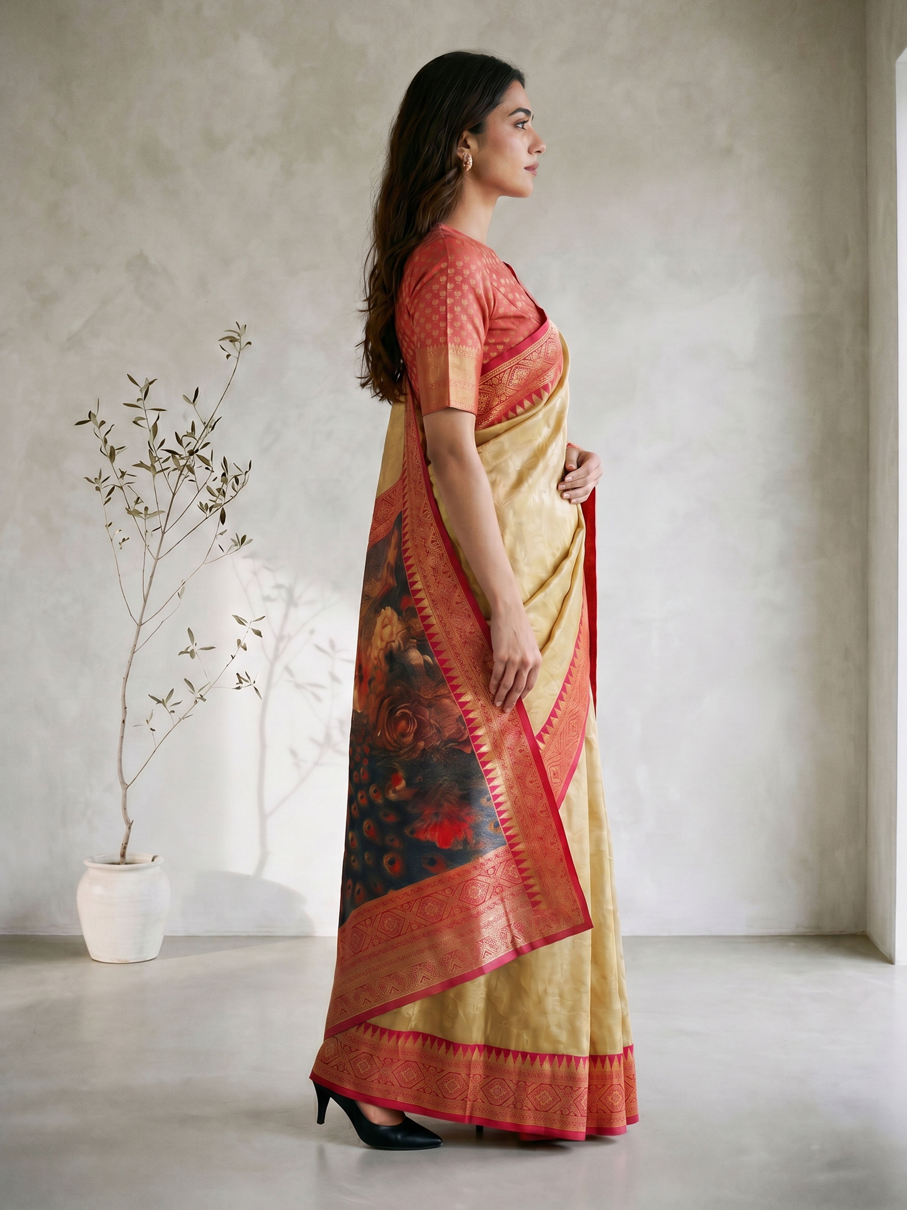 Women's Gold Cotton-Silk Ethnic Motifs Saree With Unstitched Blouse Piece