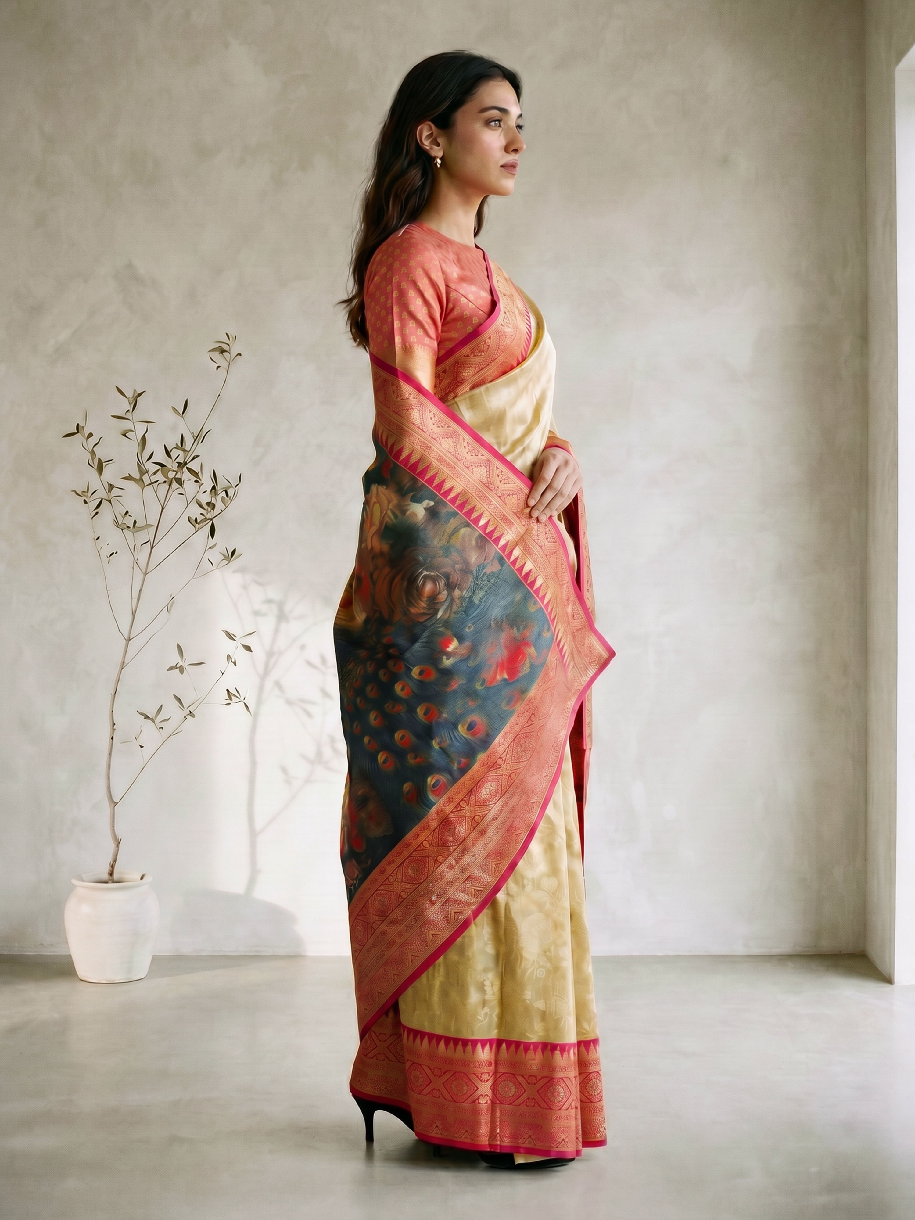 Women's Gold Cotton-Silk Ethnic Motifs Saree With Unstitched Blouse Piece