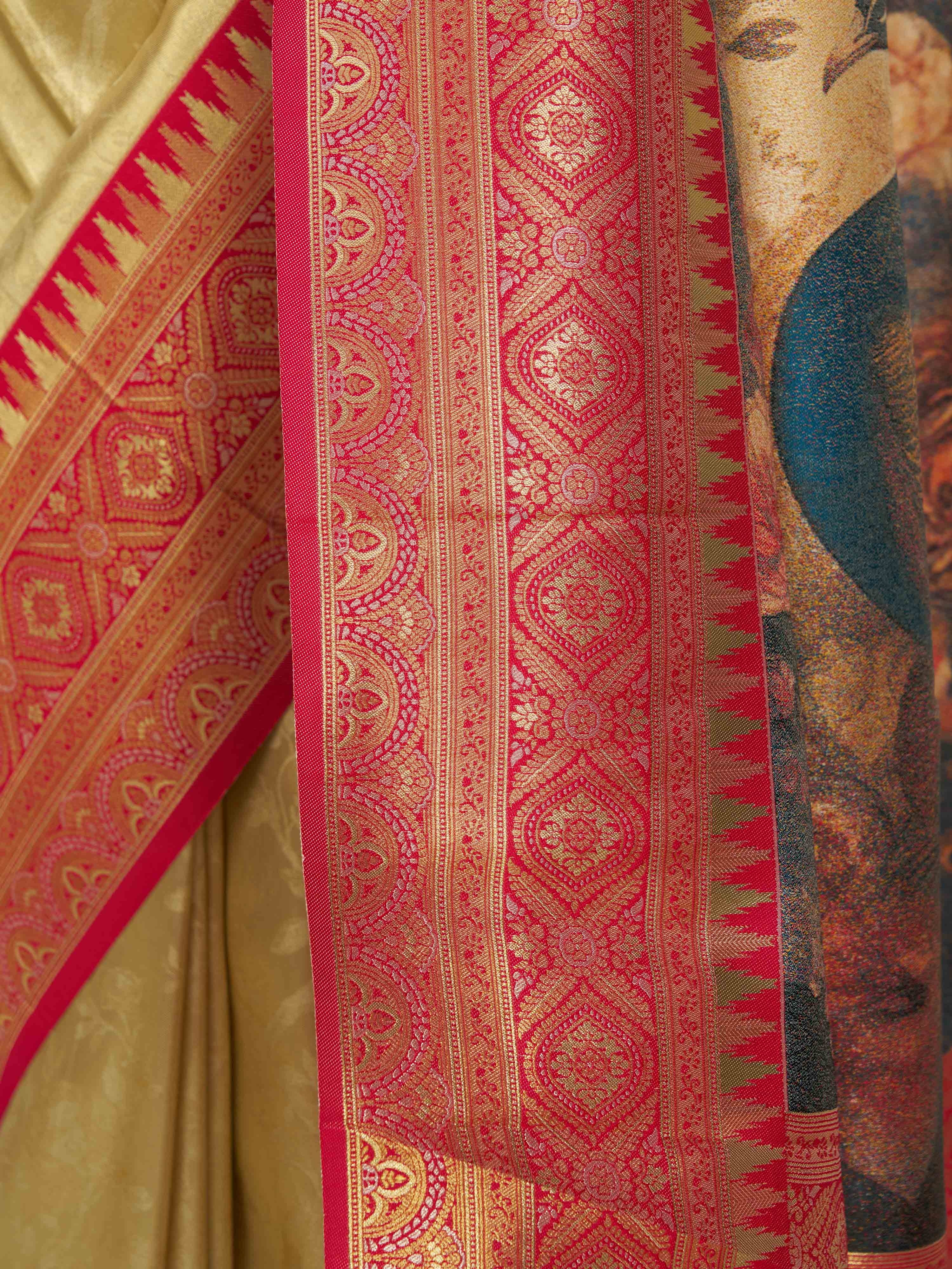 Women's Gold Cotton-Silk Ethnic Motifs Saree With Unstitched Blouse Piece