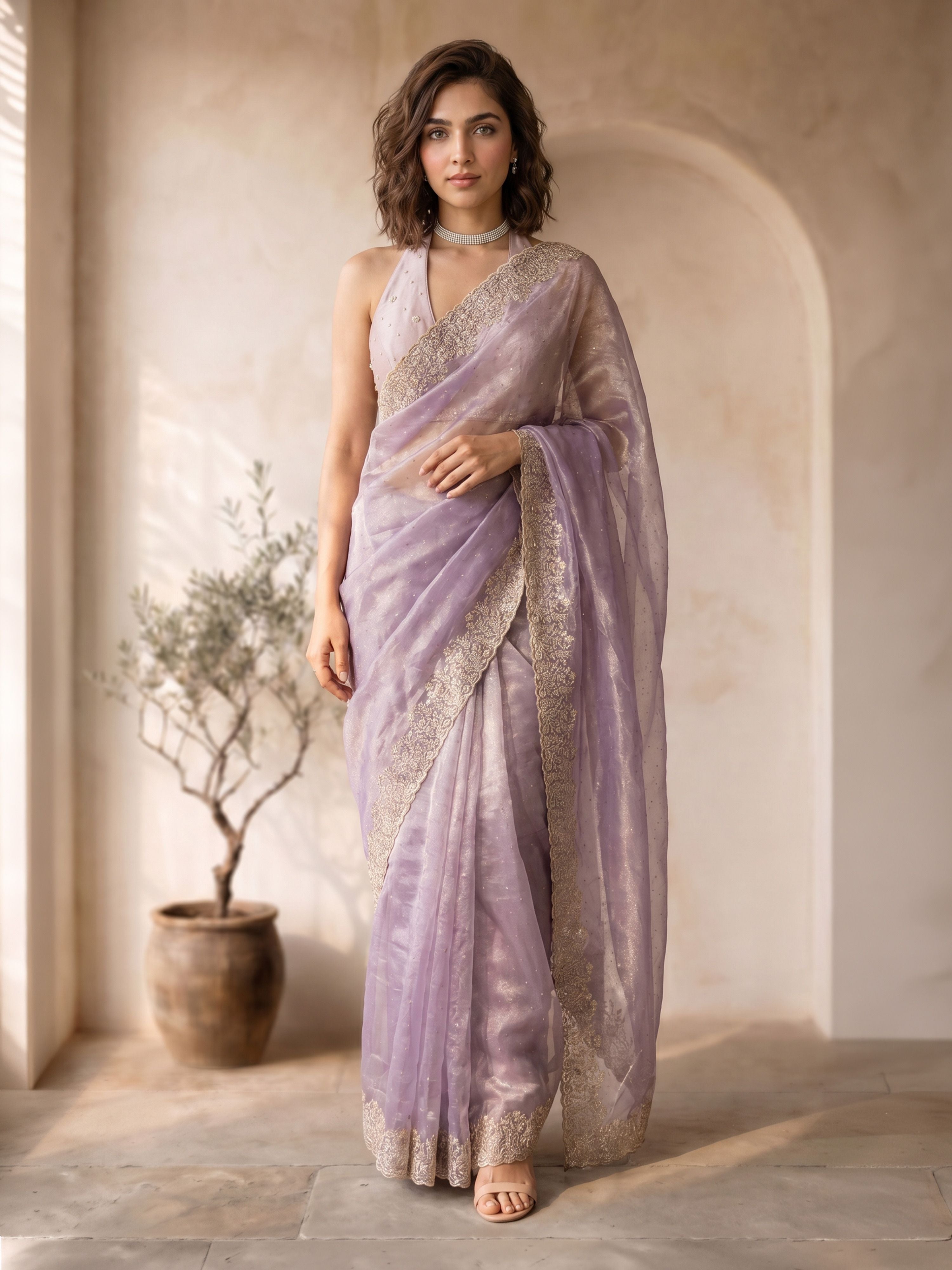 Lavender Organza Embroidered Saree with Blouse Piece