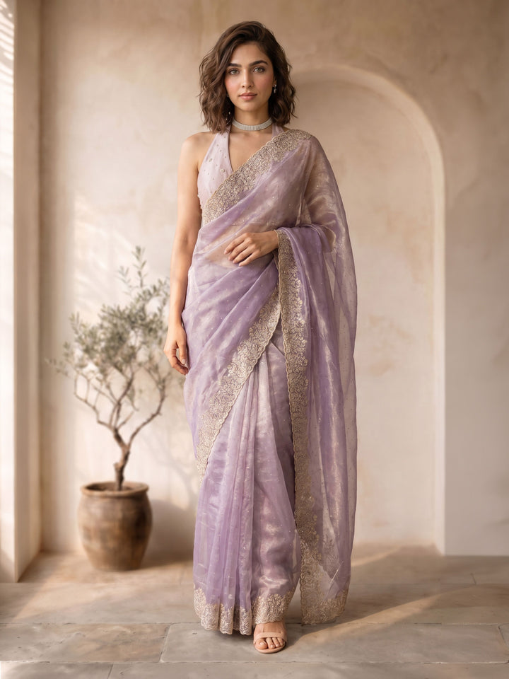 Lavender Organza Embroidered Saree with Blouse Piece
