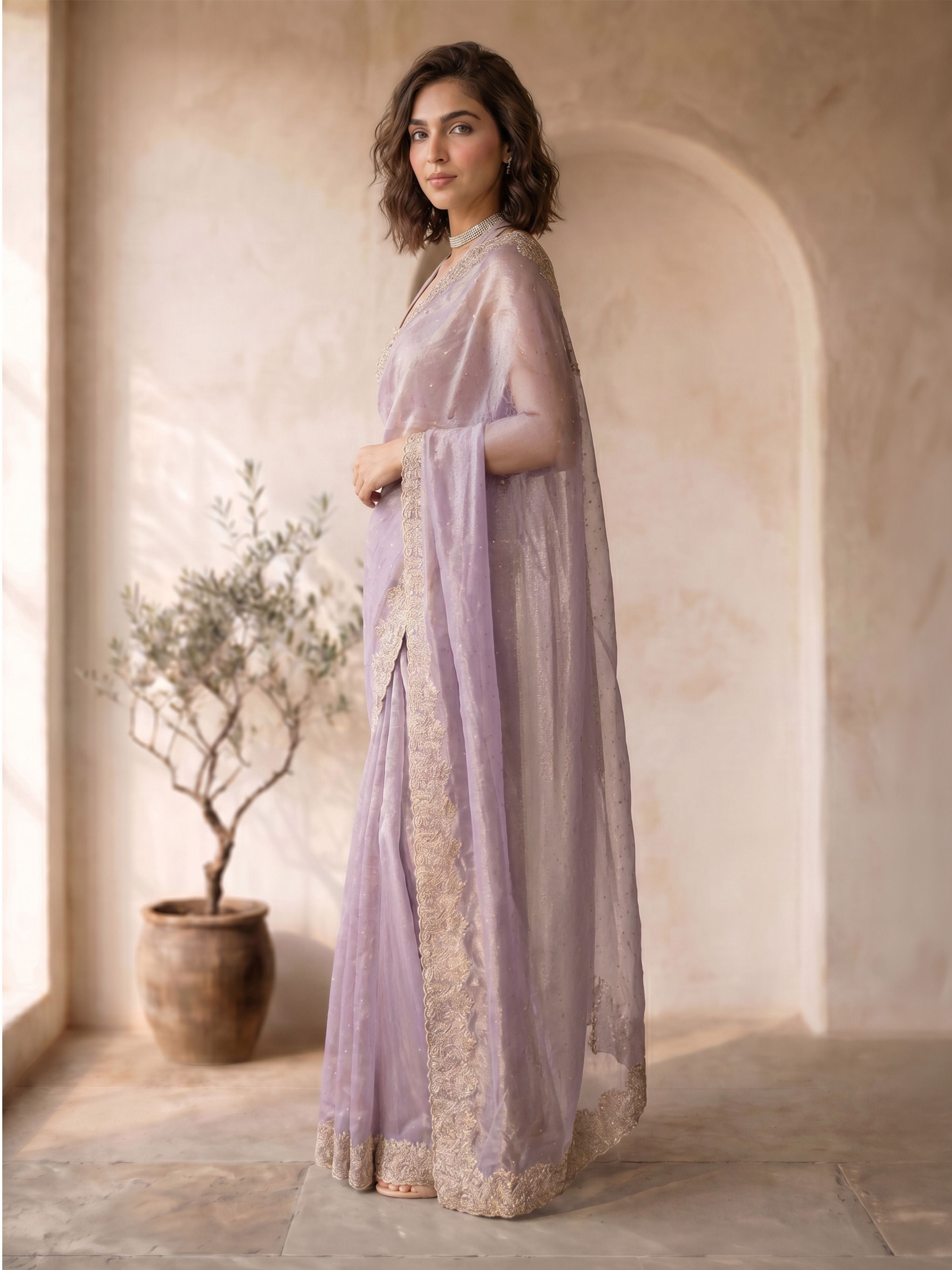 Women's Lavender Organza Embroidered Saree With Unstitched Blouse Piece