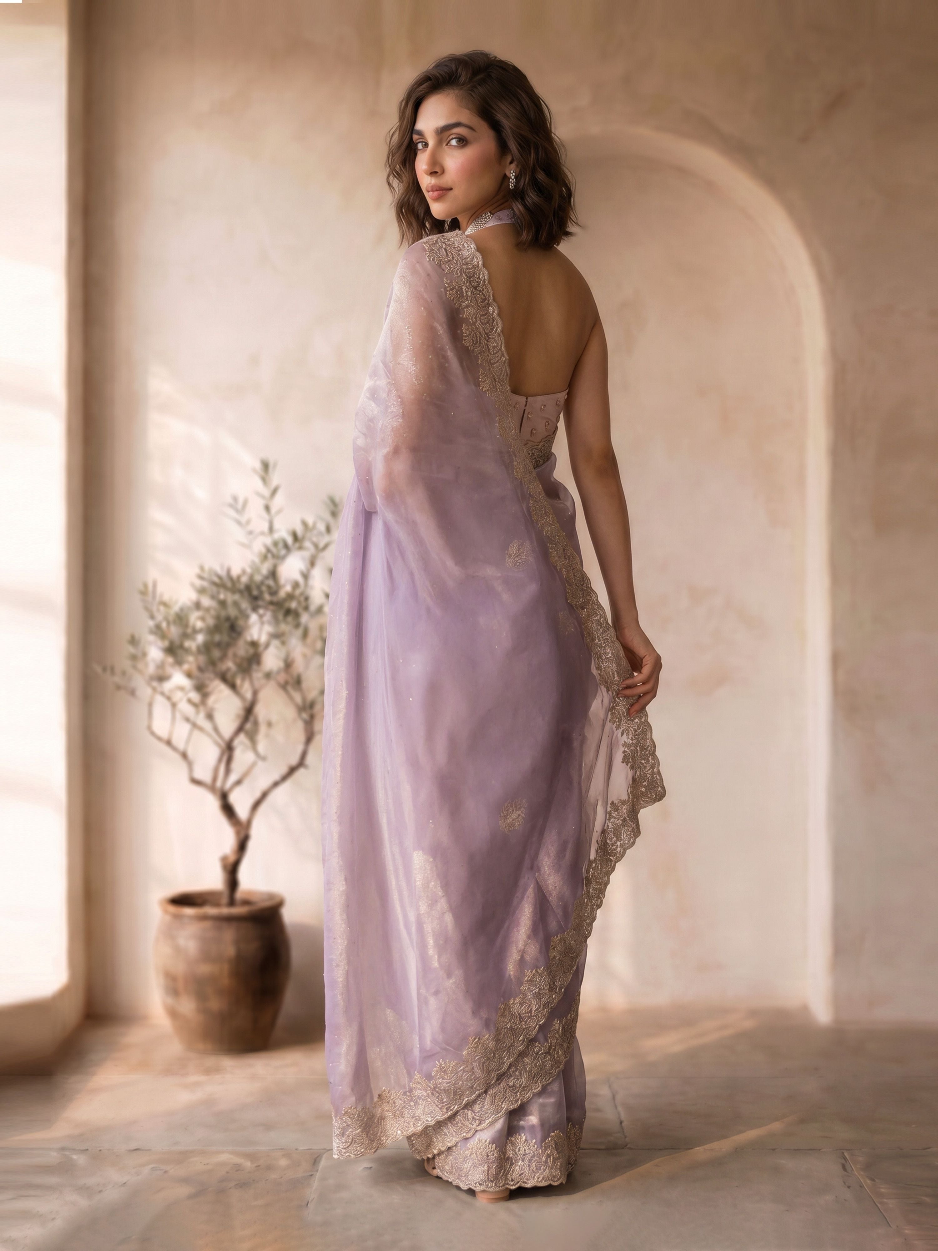 Women's Lavender Organza Embroidered Saree With Unstitched Blouse Piece