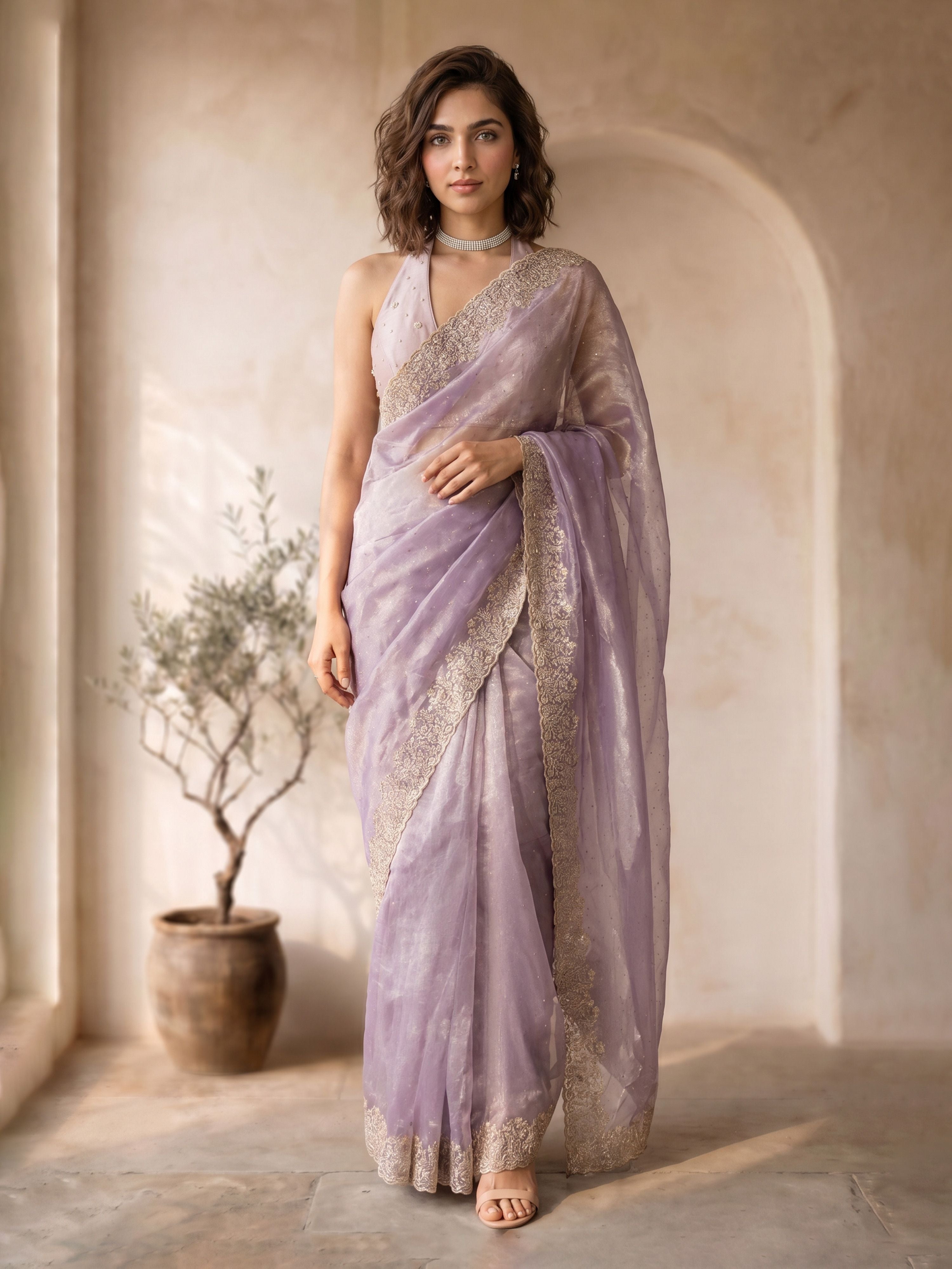 Women's Lavender Organza Embroidered Saree With Unstitched Blouse Piece