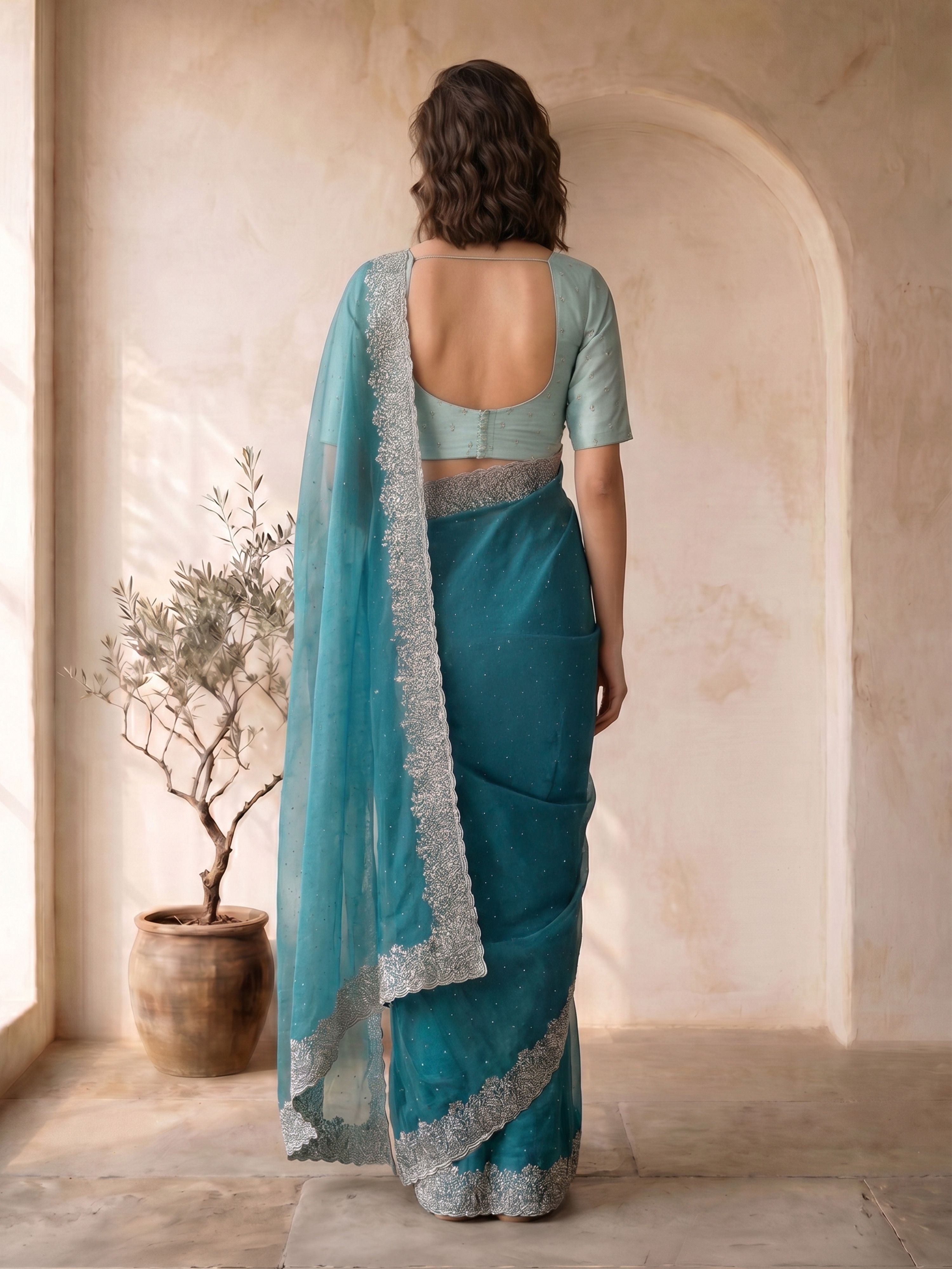 Women's Turquoise Blue Organza Embroidered Saree With Unstitched Blouse Piece
