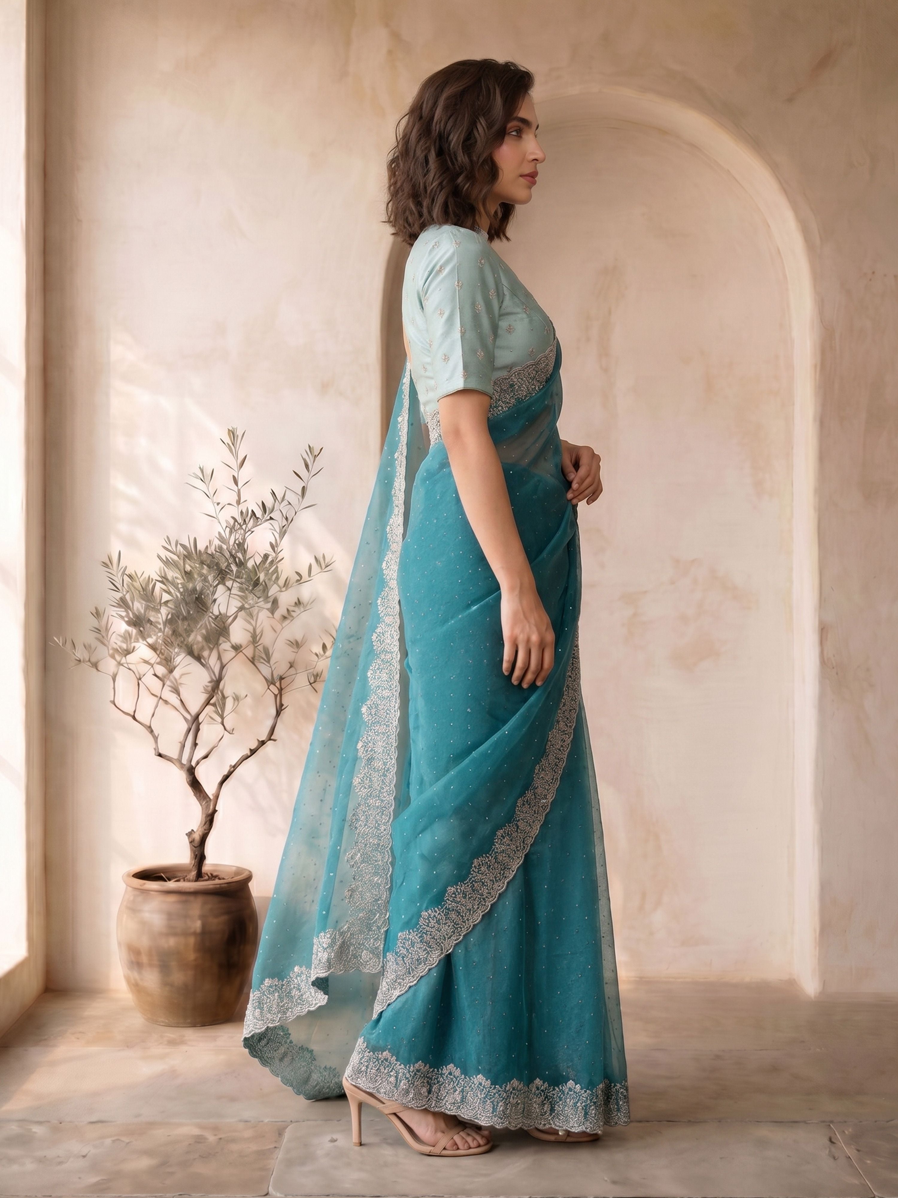 Women's Turquoise Blue Organza Embroidered Saree With Unstitched Blouse Piece