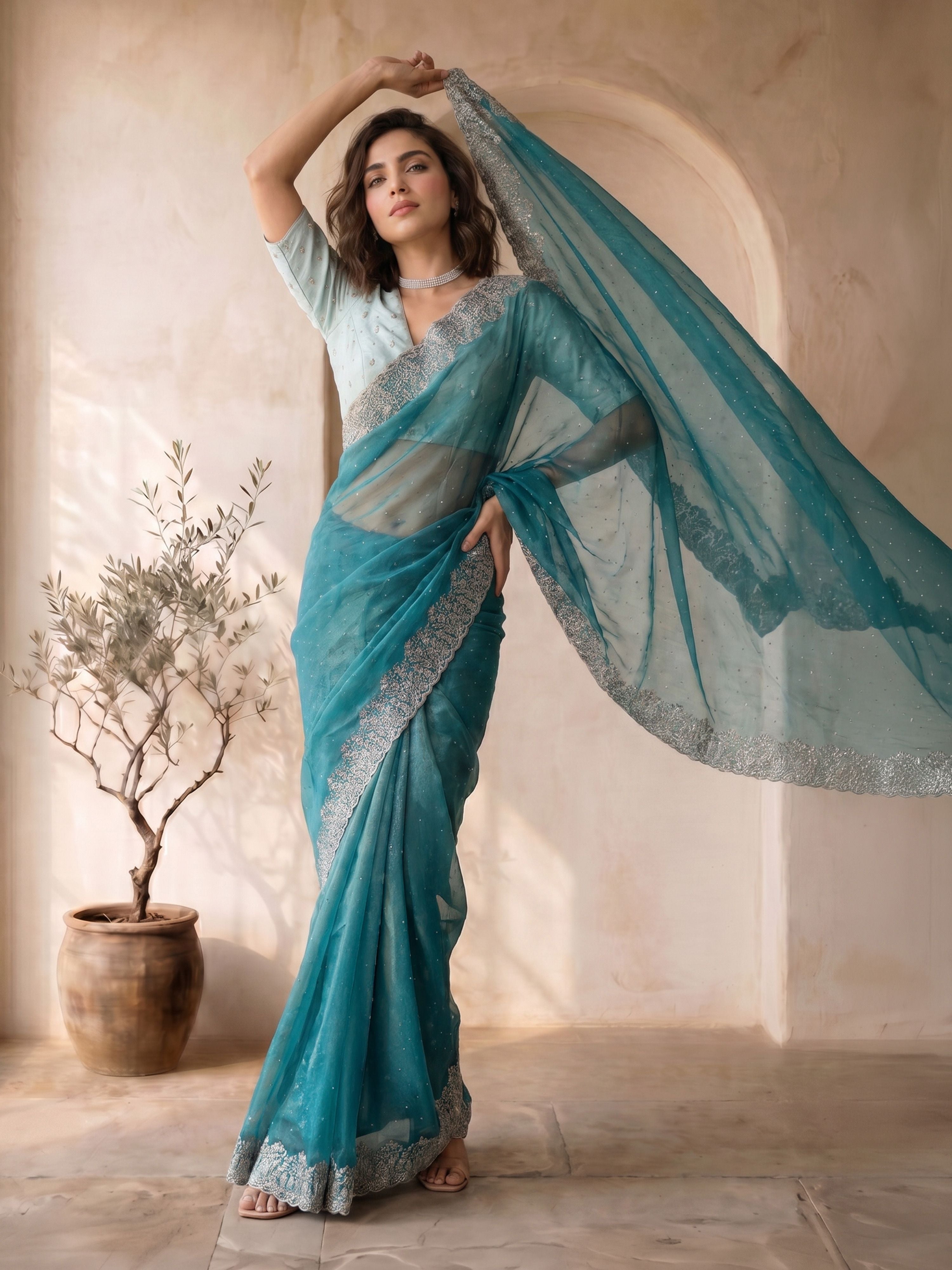 Women's Turquoise Blue Organza Embroidered Saree With Unstitched Blouse Piece