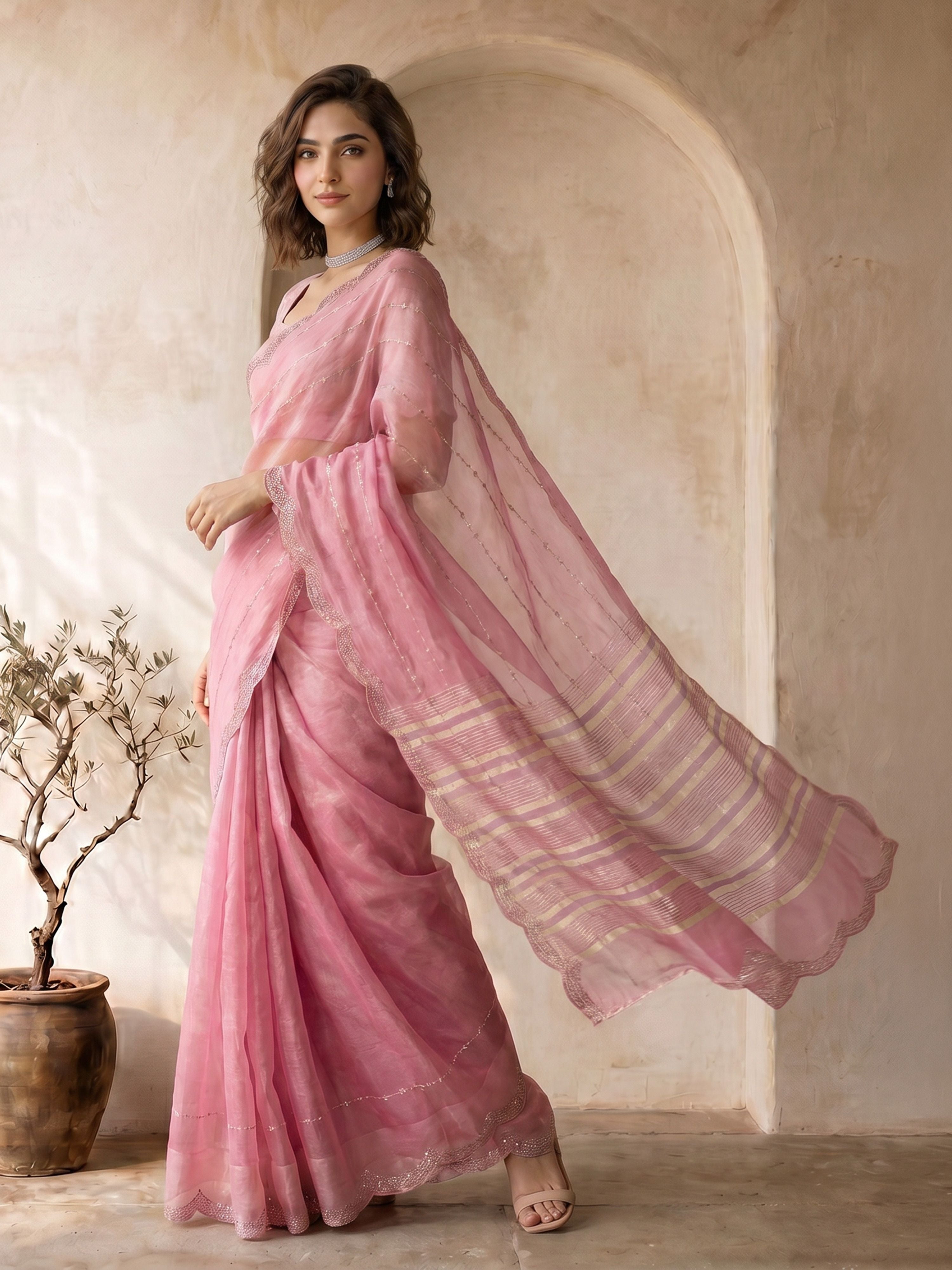 Women's Pink Organza Ethnic Motifs Saree With Unstitched Blouse Piece