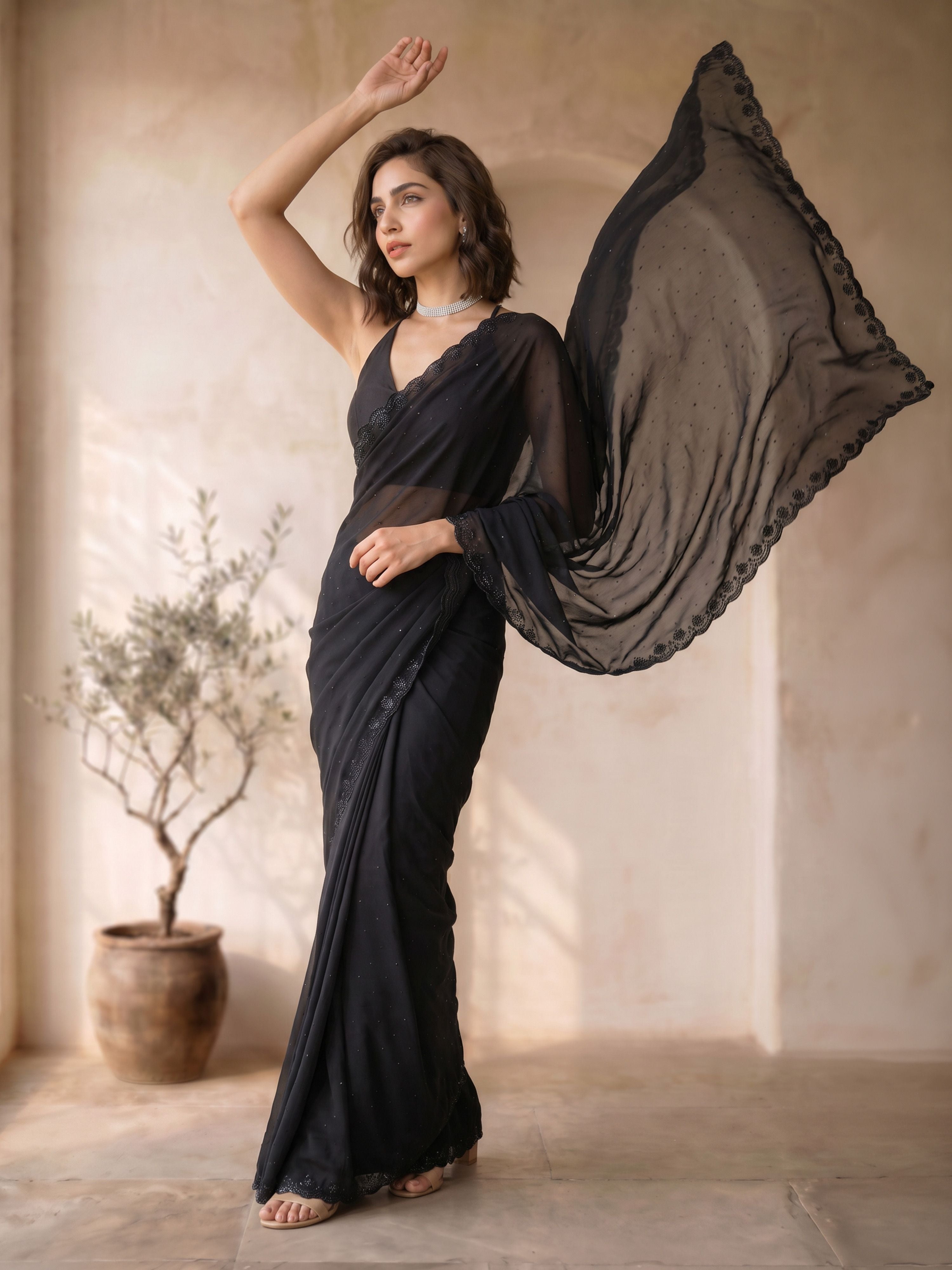 Black Poly Georgette Saree with Sequin Border & Pallu