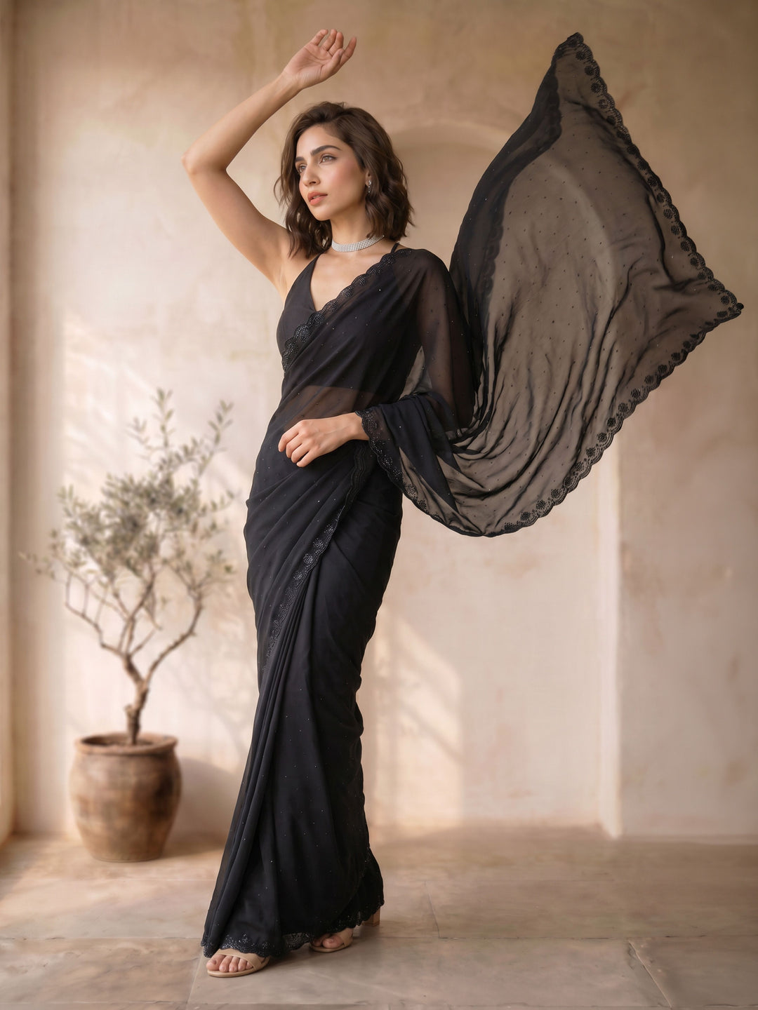 Black Poly Georgette Saree with Sequin Border &amp; Pallu