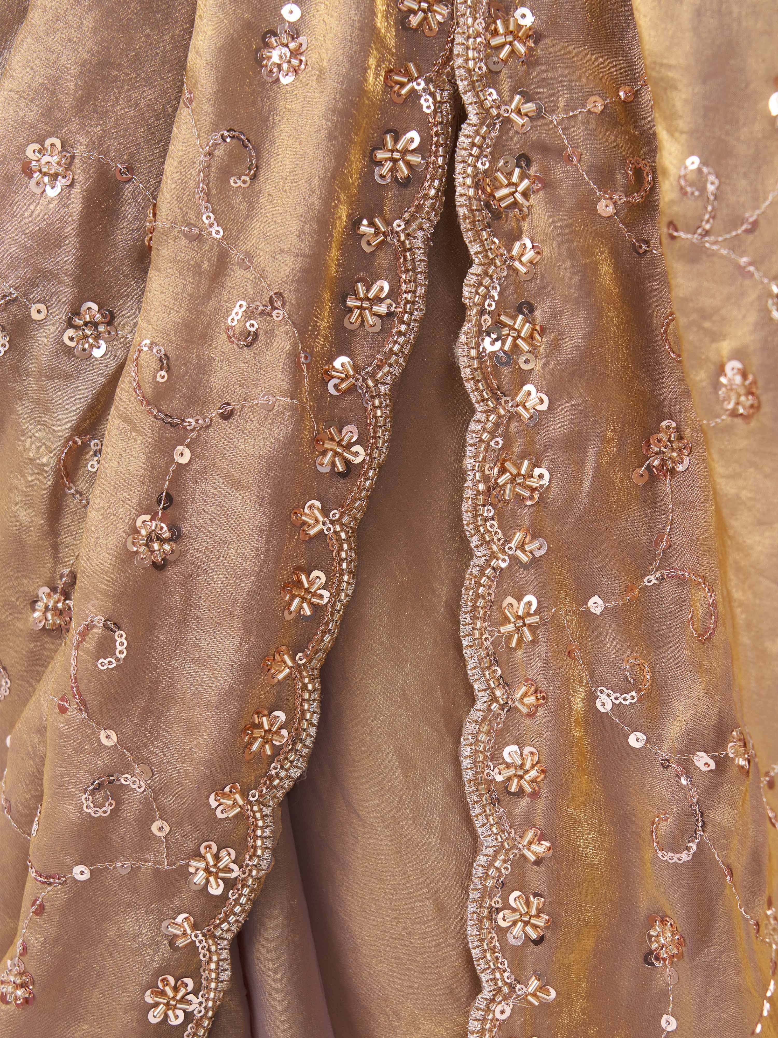 Women's Peach Organza Embroidered Saree With Unstitched Blouse Piece