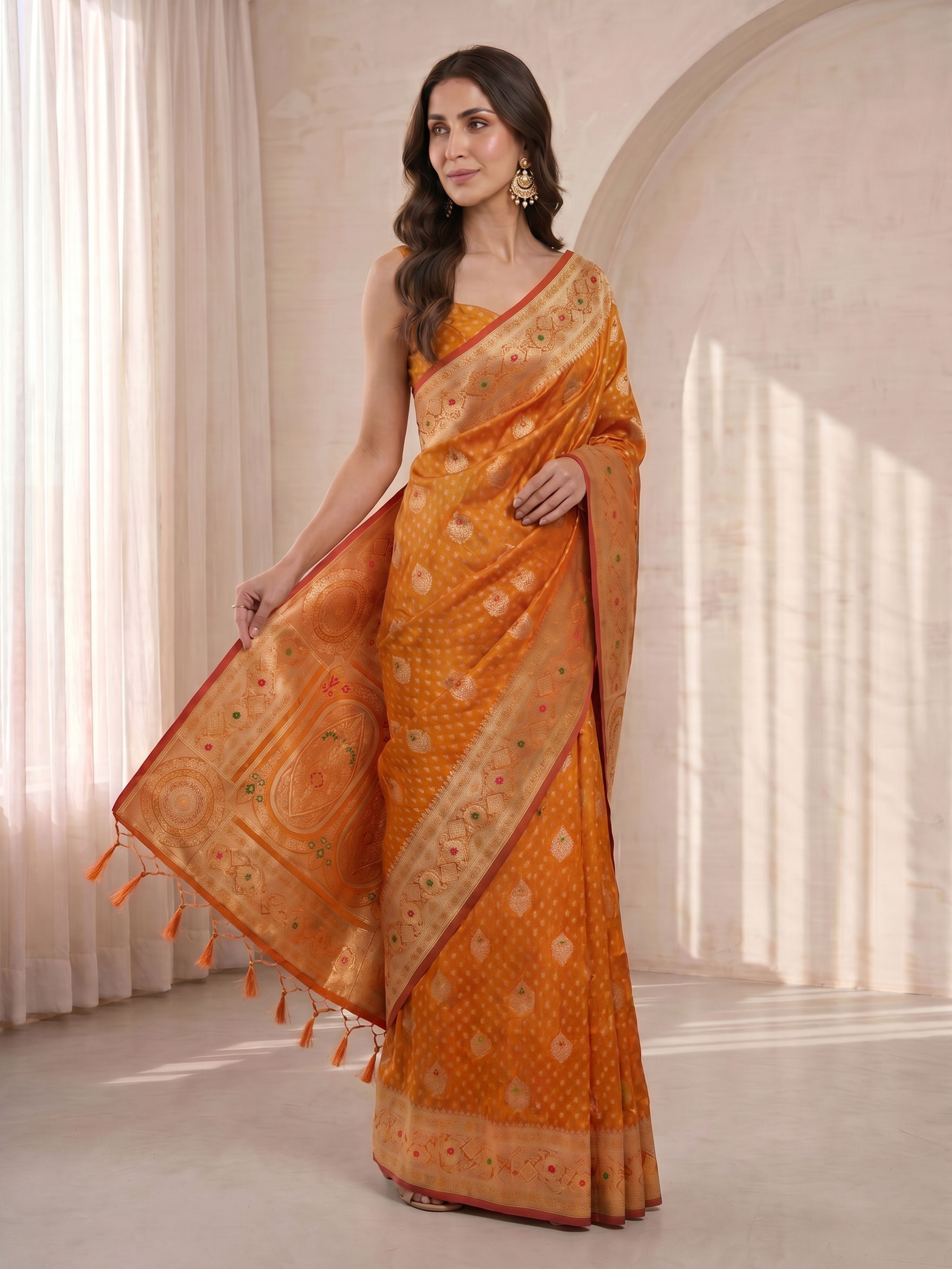 Women's Orange Cotton-Silk Ethnic Motifs Saree With Unstitched Blouse Piece