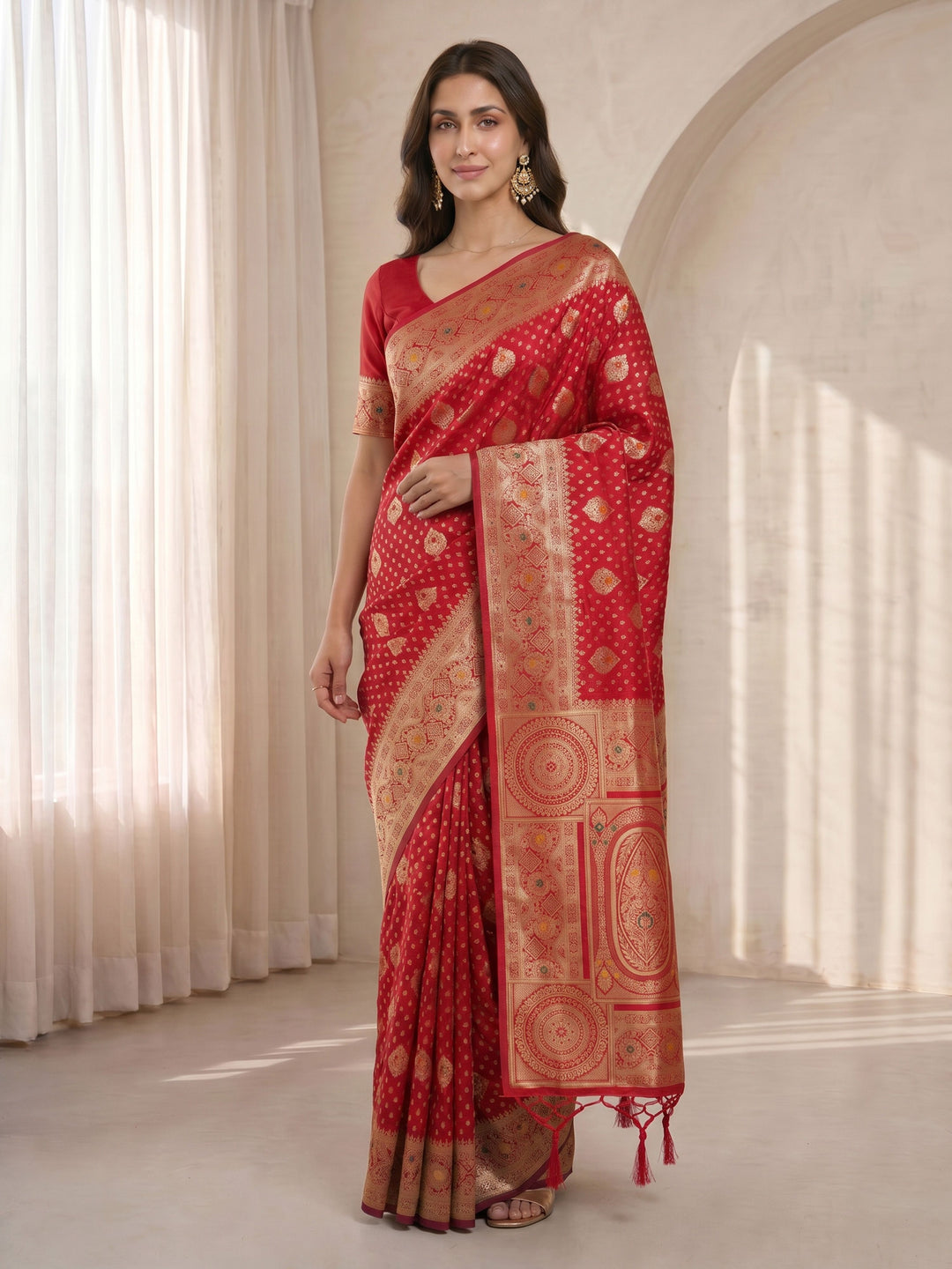 Red Cotton-Silk Saree with Gold Zari Woven Border