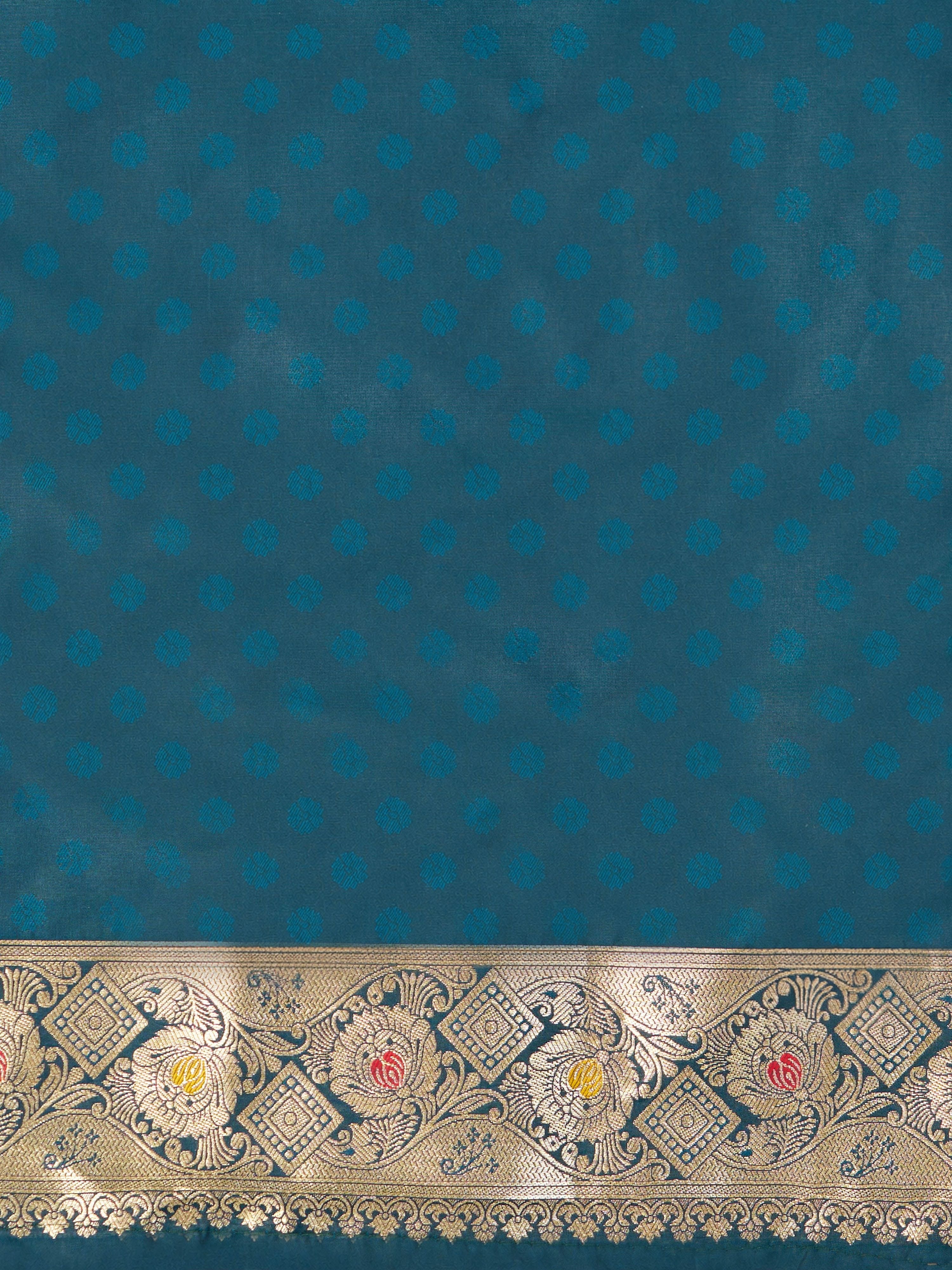 Women's Teal Cotton-Silk Ethnic Motifs Saree With Unstitched Blouse Piece