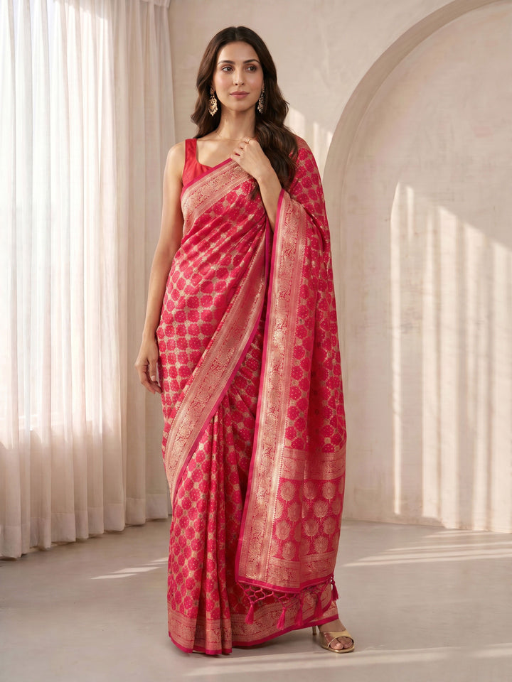 Pink Cotton Silk Saree with Ethnic Motifs &amp; Zari Border