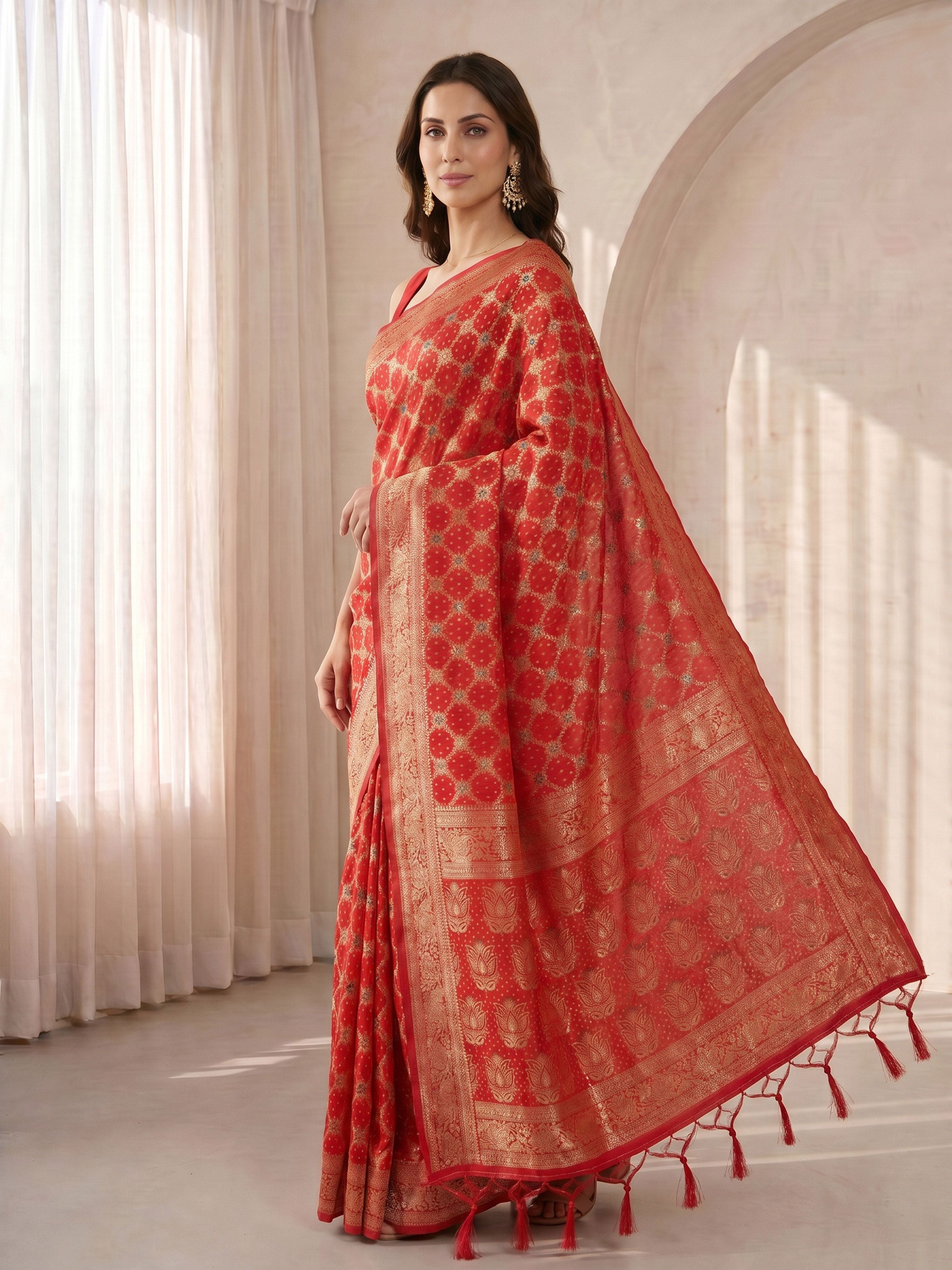 Women's Red Cotton-Silk Ethnic Motifs Saree With Unstitched Blouse Piece
