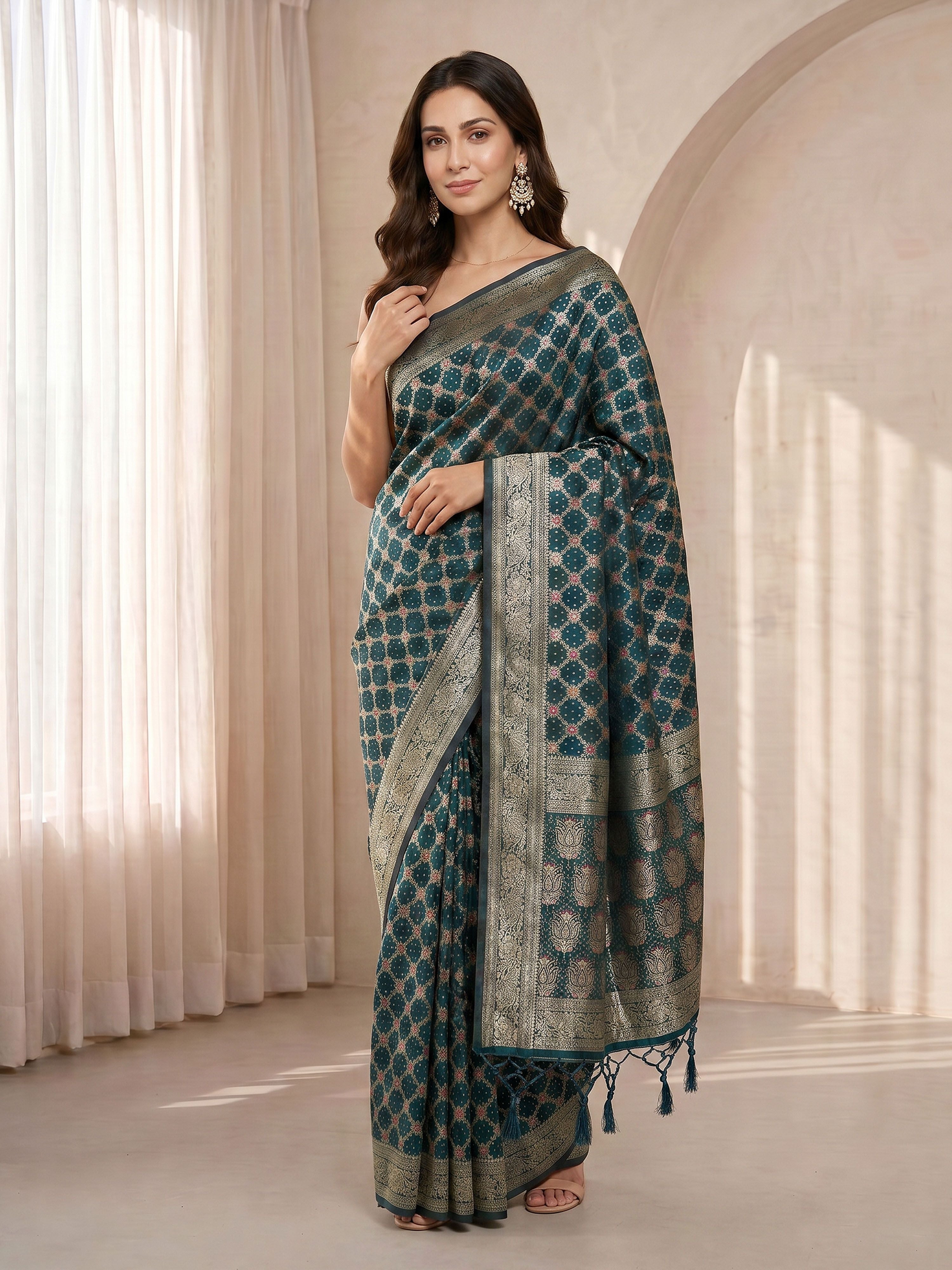 Women's Turquoise Blue Cotton-Silk Ethnic Motifs Saree With Unstitched Blouse Piece