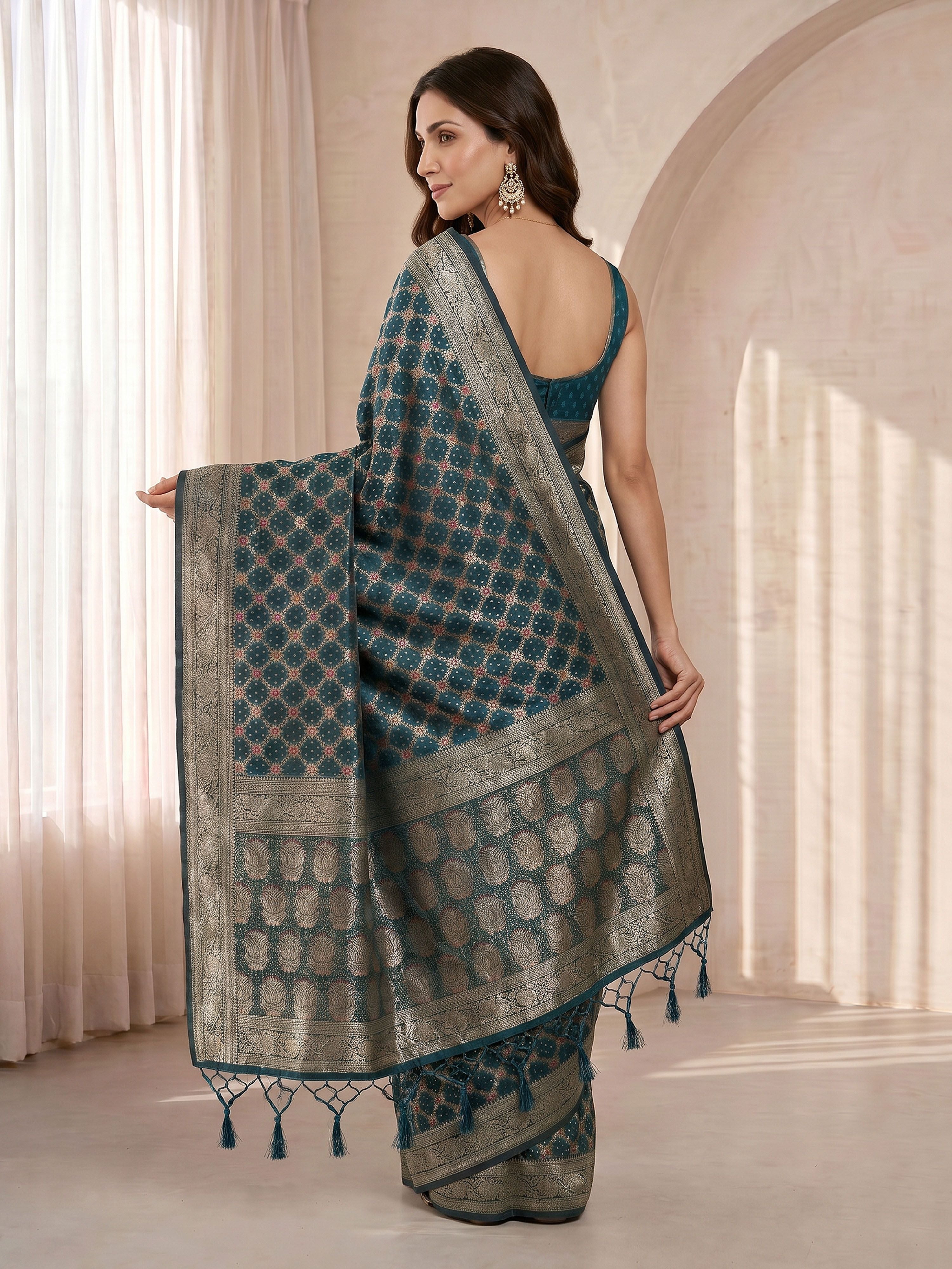 Women's Turquoise Blue Cotton-Silk Ethnic Motifs Saree With Unstitched Blouse Piece