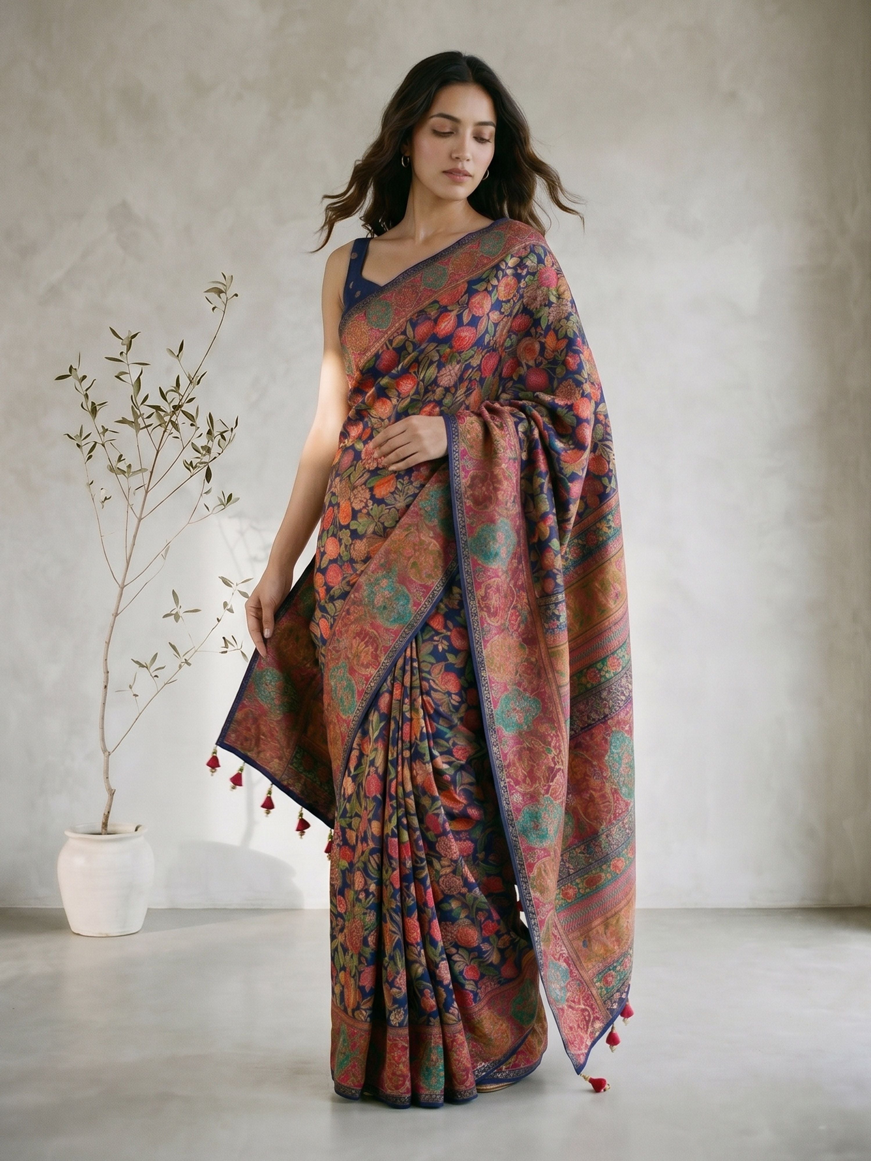 Women's Navy Blue Moonga-Silk Ethnic Motifs Saree With Unstitched Blouse Piece