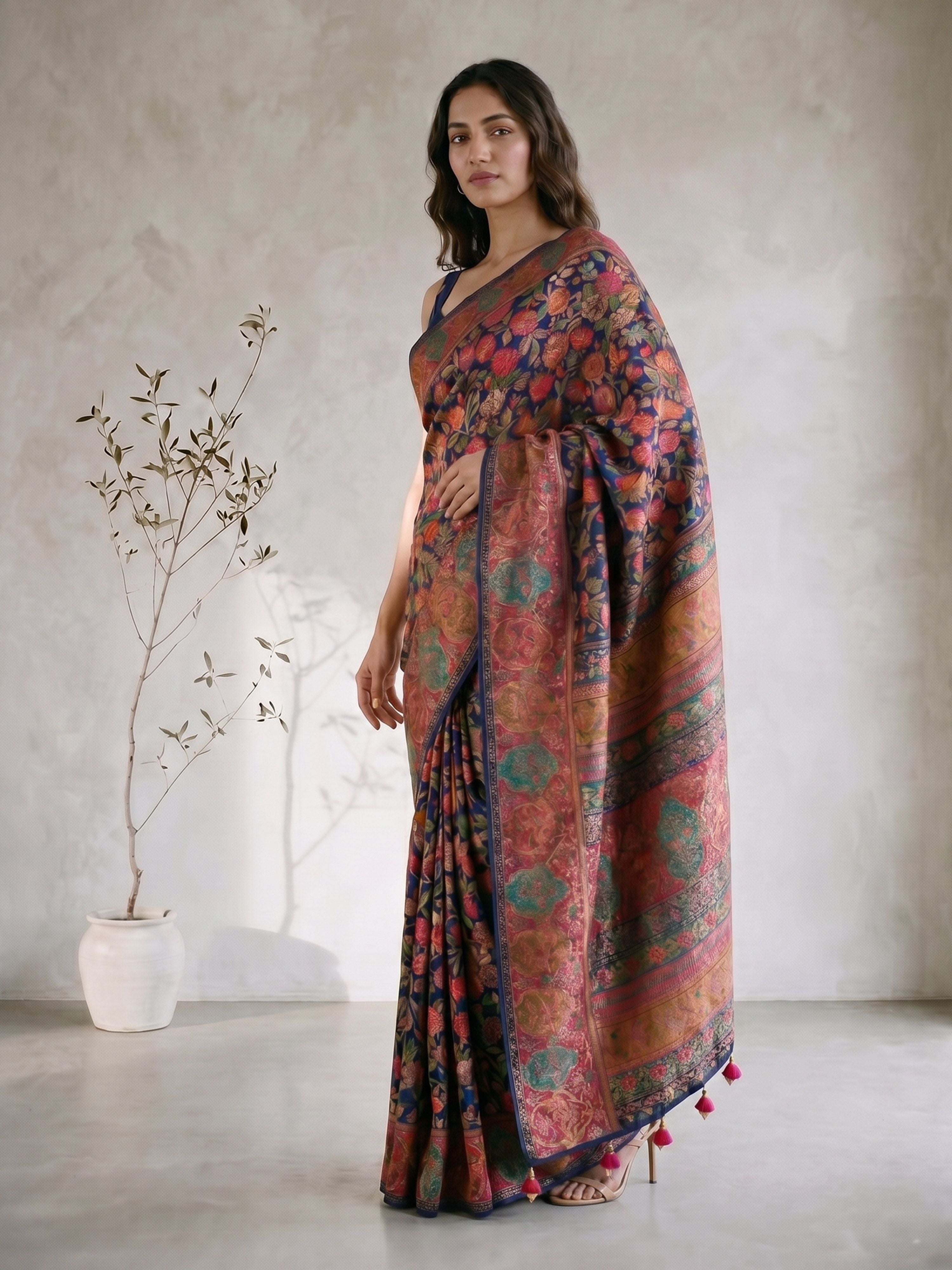 Women's Navy Blue Moonga-Silk Ethnic Motifs Saree With Unstitched Blouse Piece