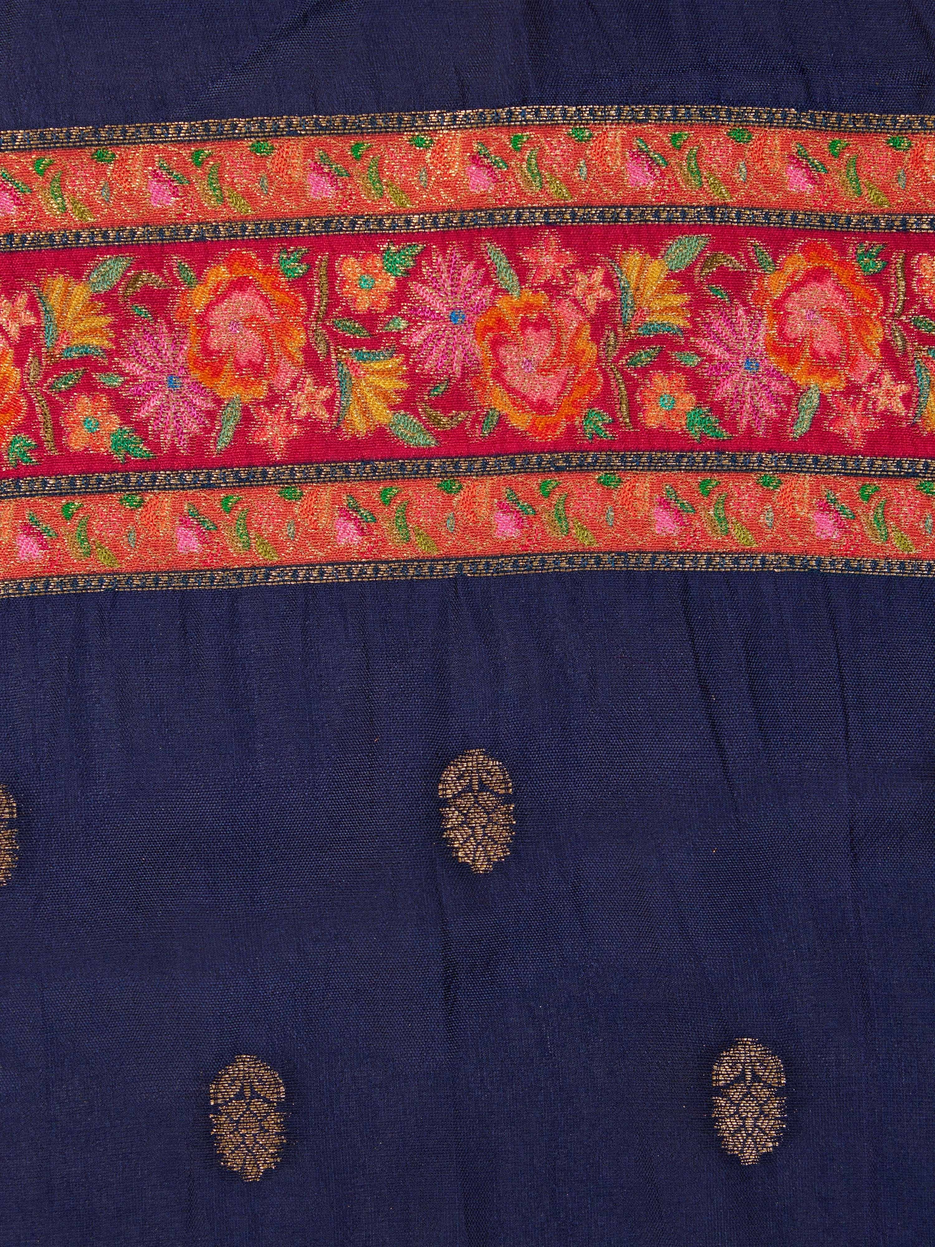 Women's Navy Blue Moonga-Silk Ethnic Motifs Saree With Unstitched Blouse Piece