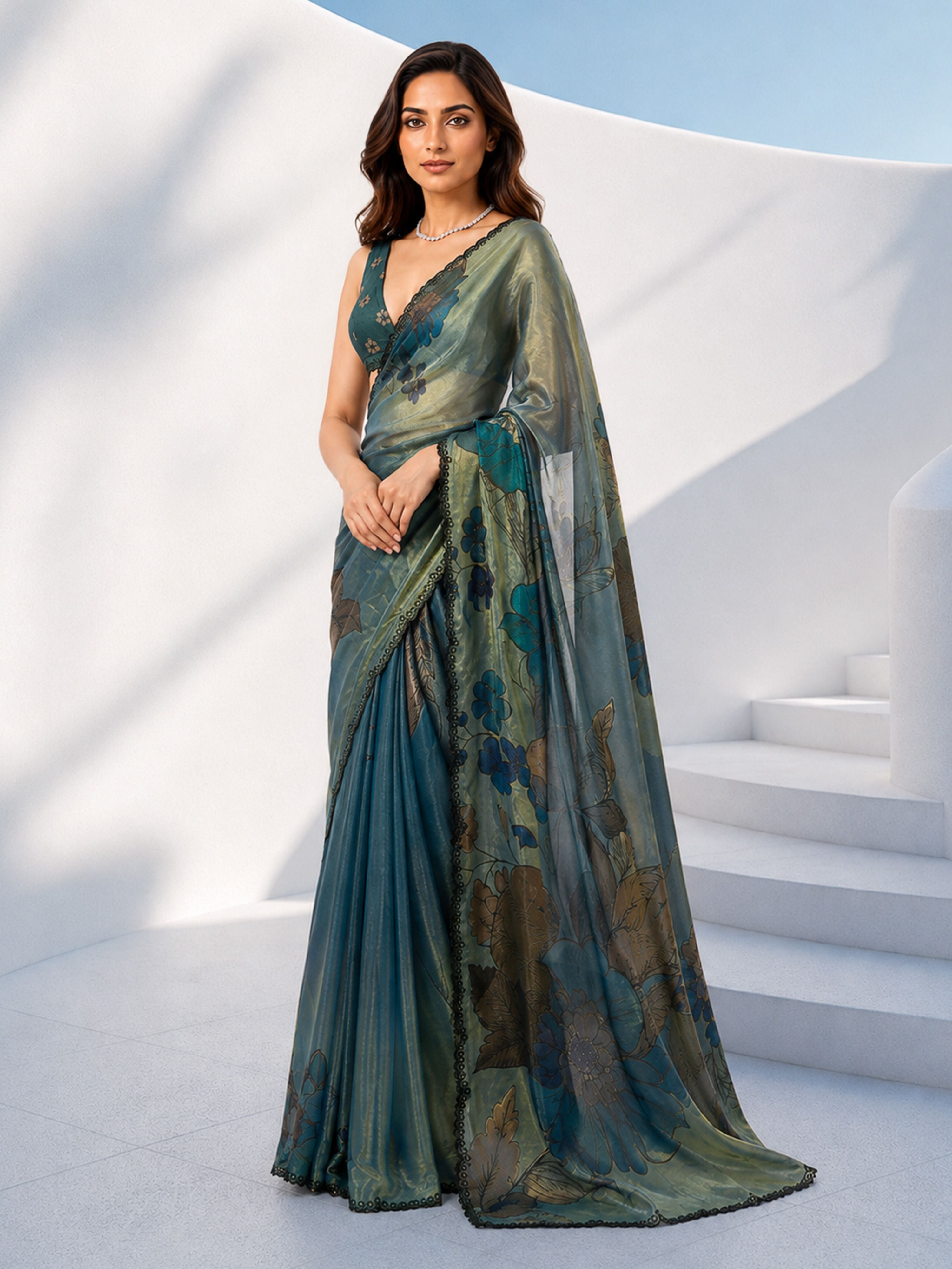 Women's Blue Silk-Blend Ethnic Motifs Saree With Unstitched Blouse Piece