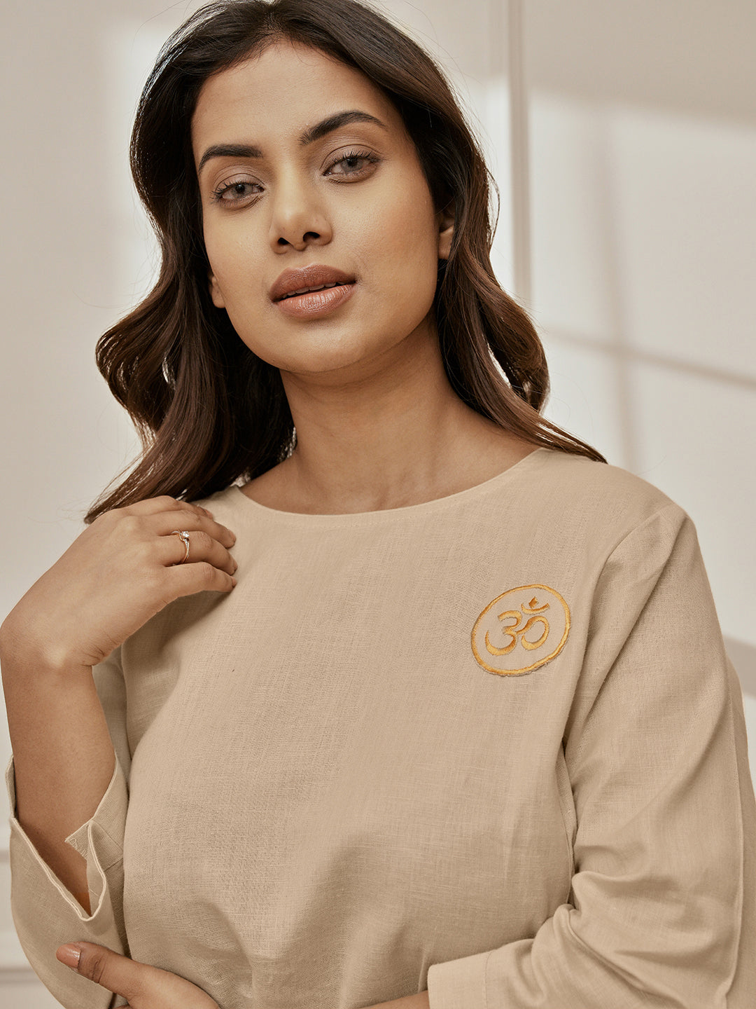 Women Beige Linen Cotton Three-Quarter Sleeves Top with Matching Straight Pants Yoga Set