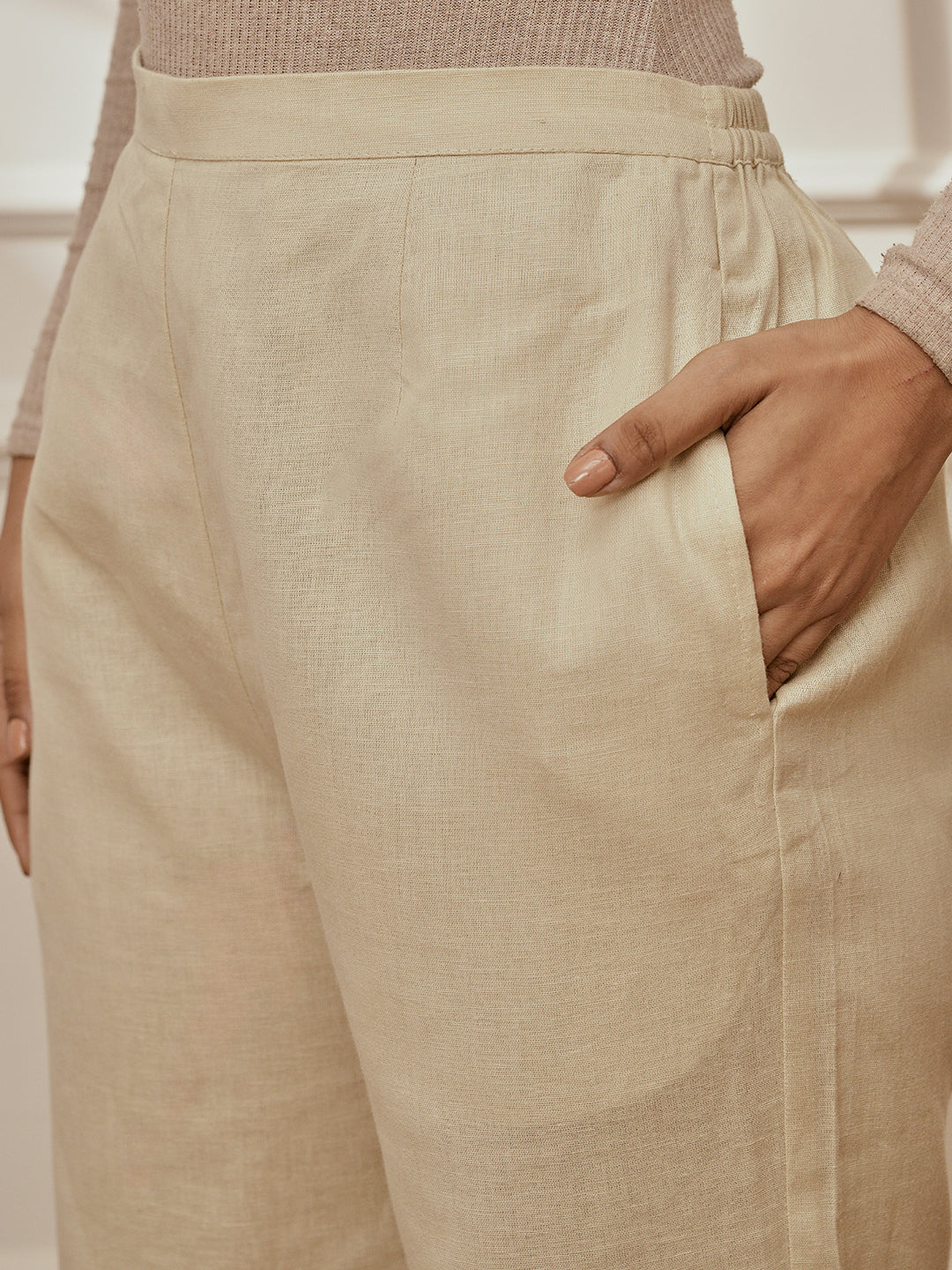 Women Beige Linen Cotton Three-Quarter Sleeves Top with Matching Straight Pants Yoga Set