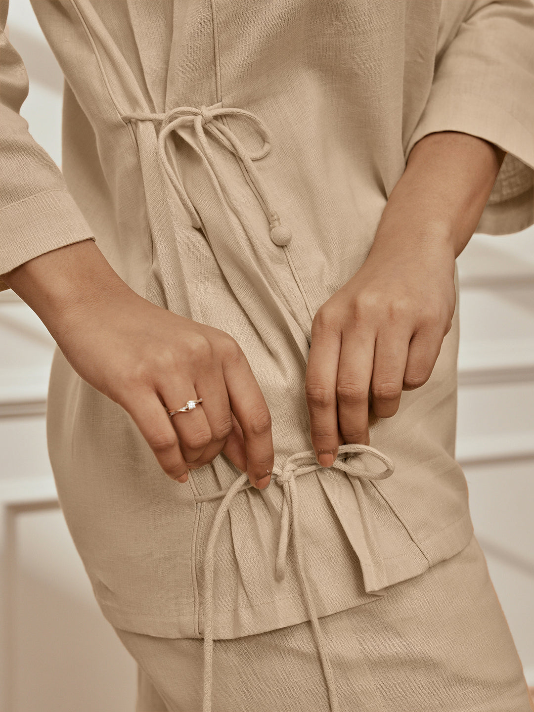 Women Beige Linen Cotton Three-Quarter Sleeves Top with Matching Straight Pants Yoga Set