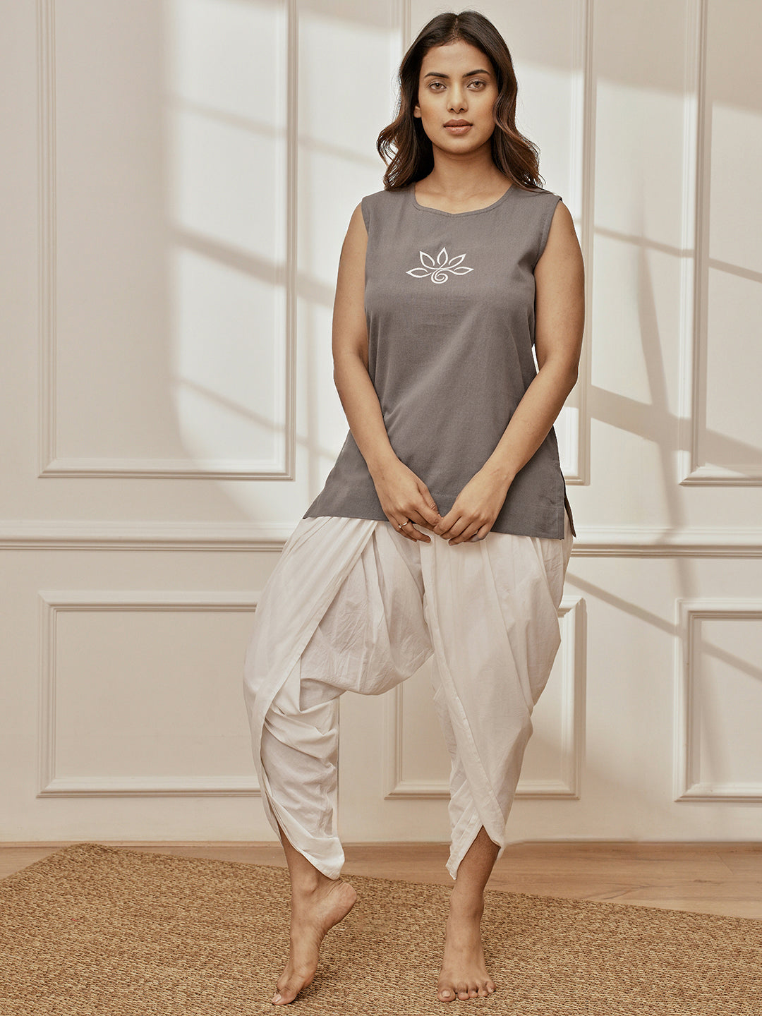 Women's Grey Embroidered Yoga Kurta With White Dhoti Pants