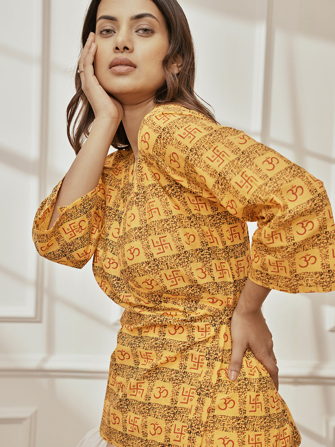 Women Yellow Printed Wrap Top with White Dhoti Pant