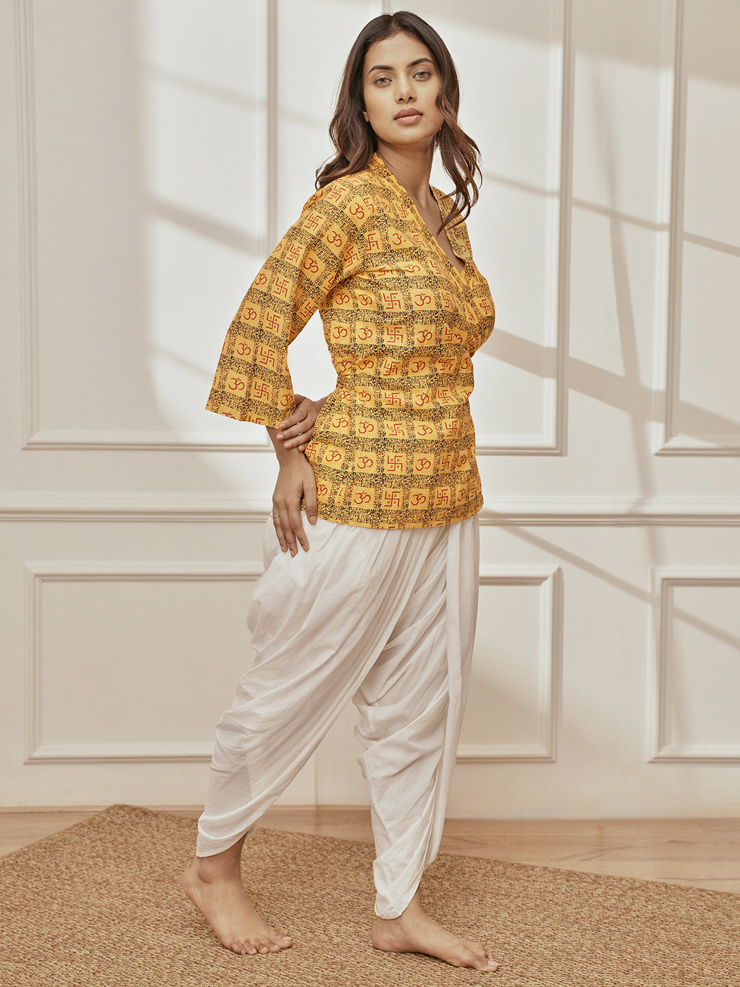 Women Yellow Printed Wrap Top with White Dhoti Pant