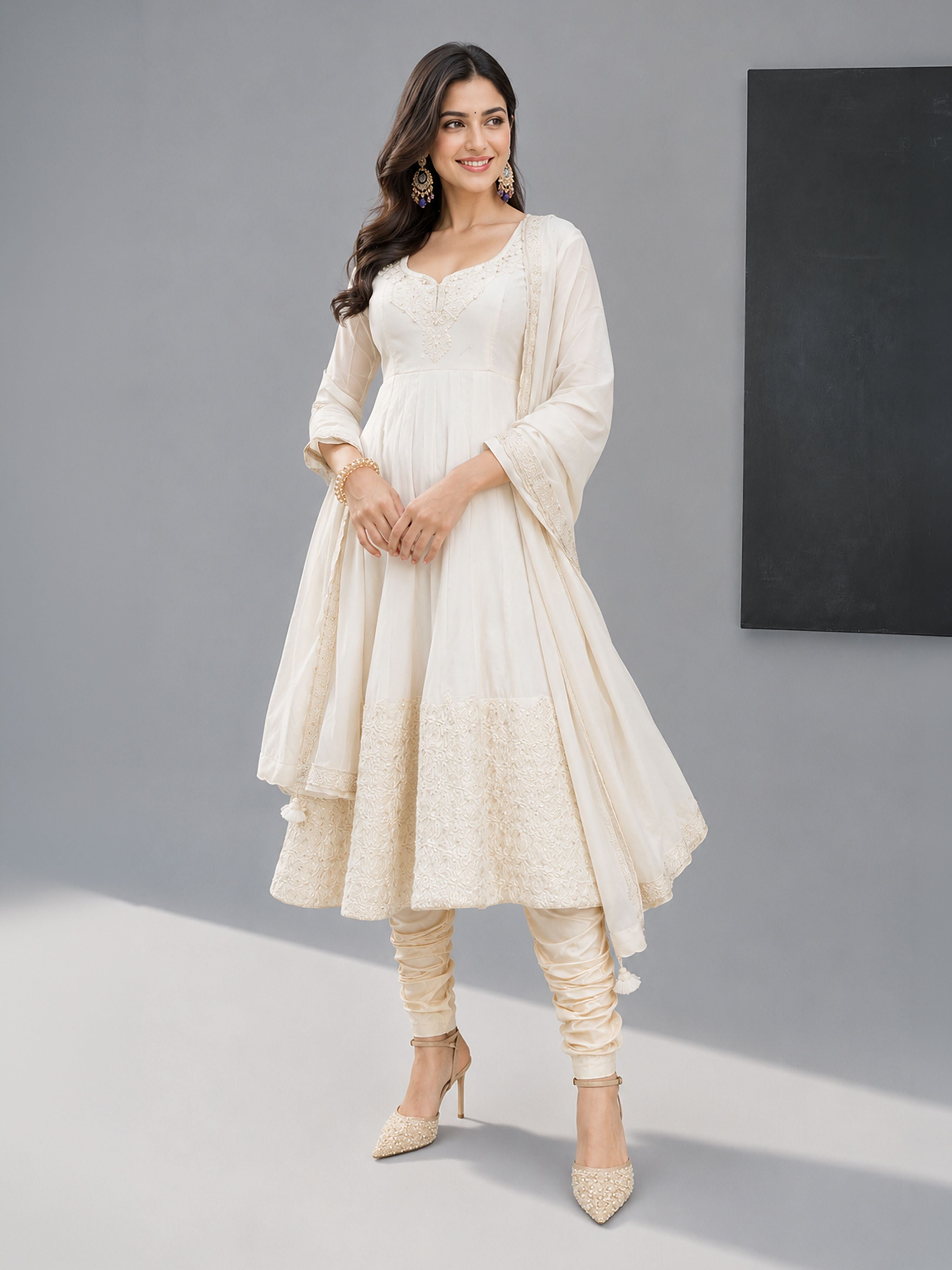Women's Cream Viscose Solid Churidar