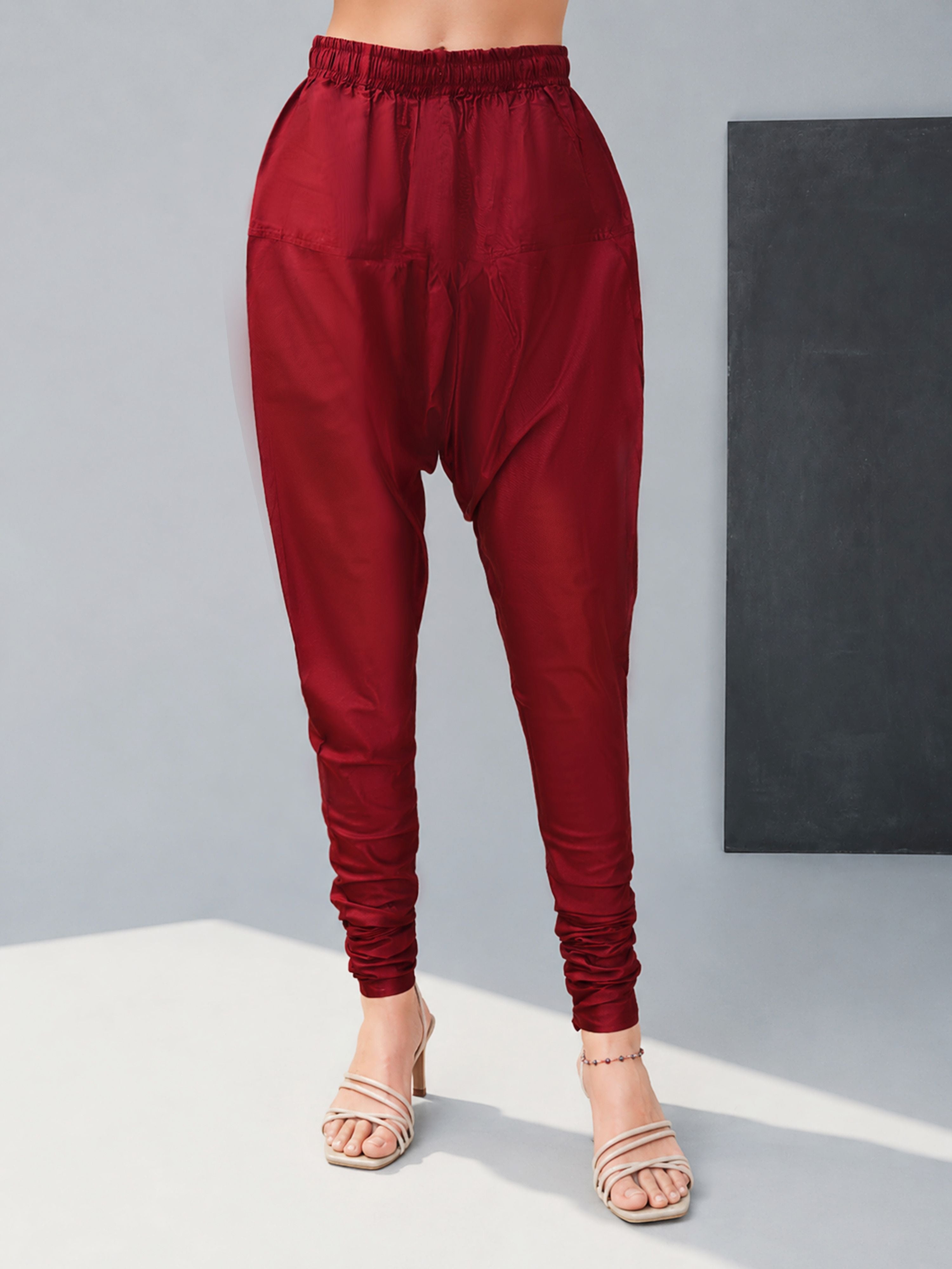 Women Maroon Viscose Solid Churidar with Elasticated Waist