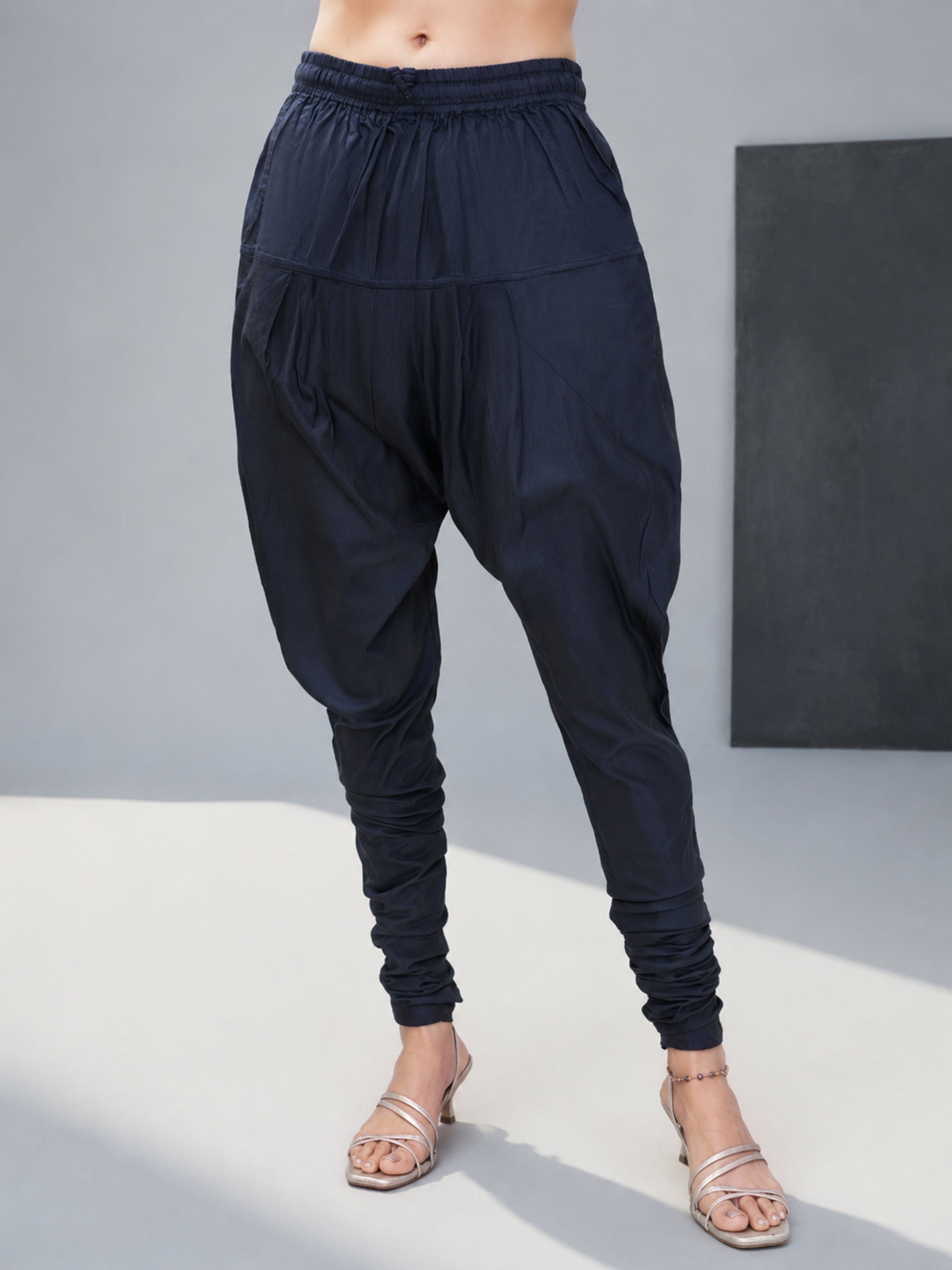 Women Navy Blue Solid Viscose Churidar with Drawstring