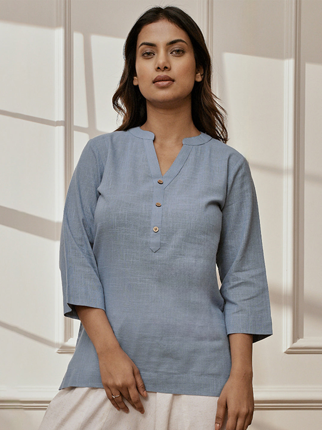 Women Aqua Cotton Linen Band Collar Yoga Kurta – vastramay