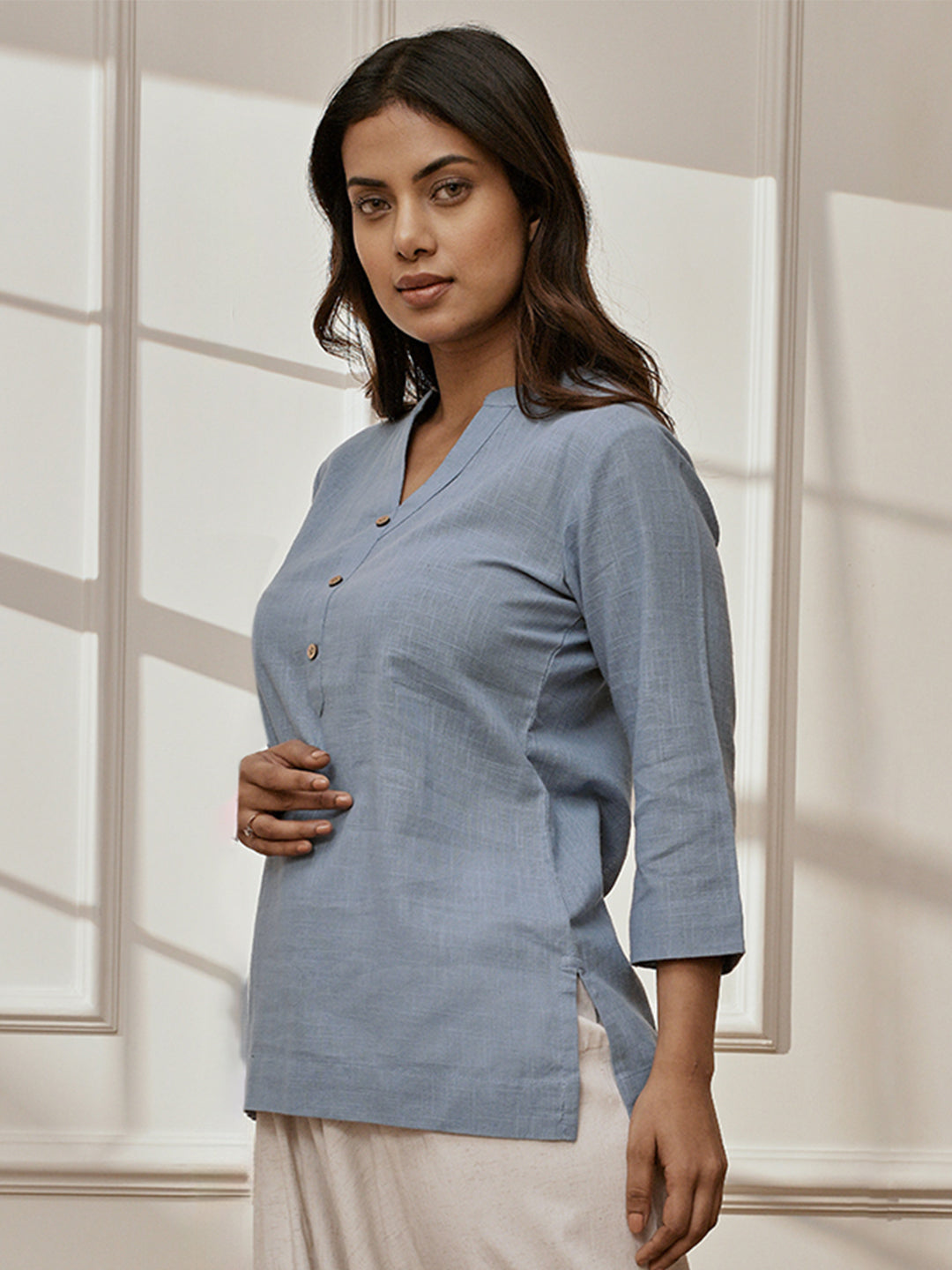 Women Aqua Cotton Linen Band Collar Yoga Kurta