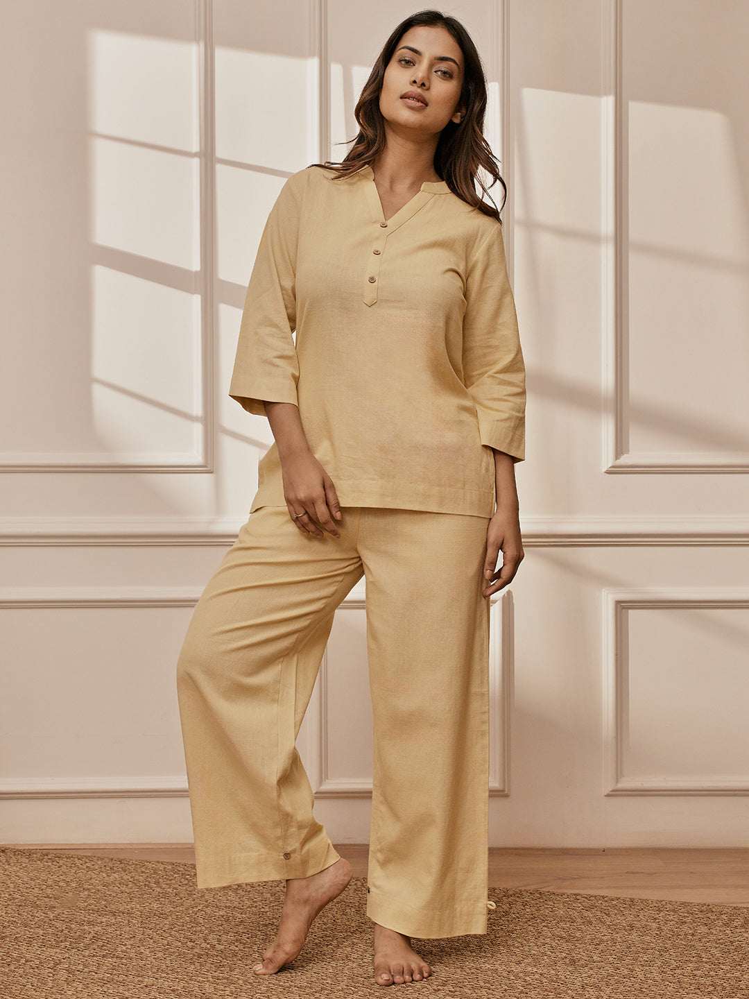 Women Chiku Cotton Linen Three-Quarter Sleeves Yoga Kurta with Straight Pants