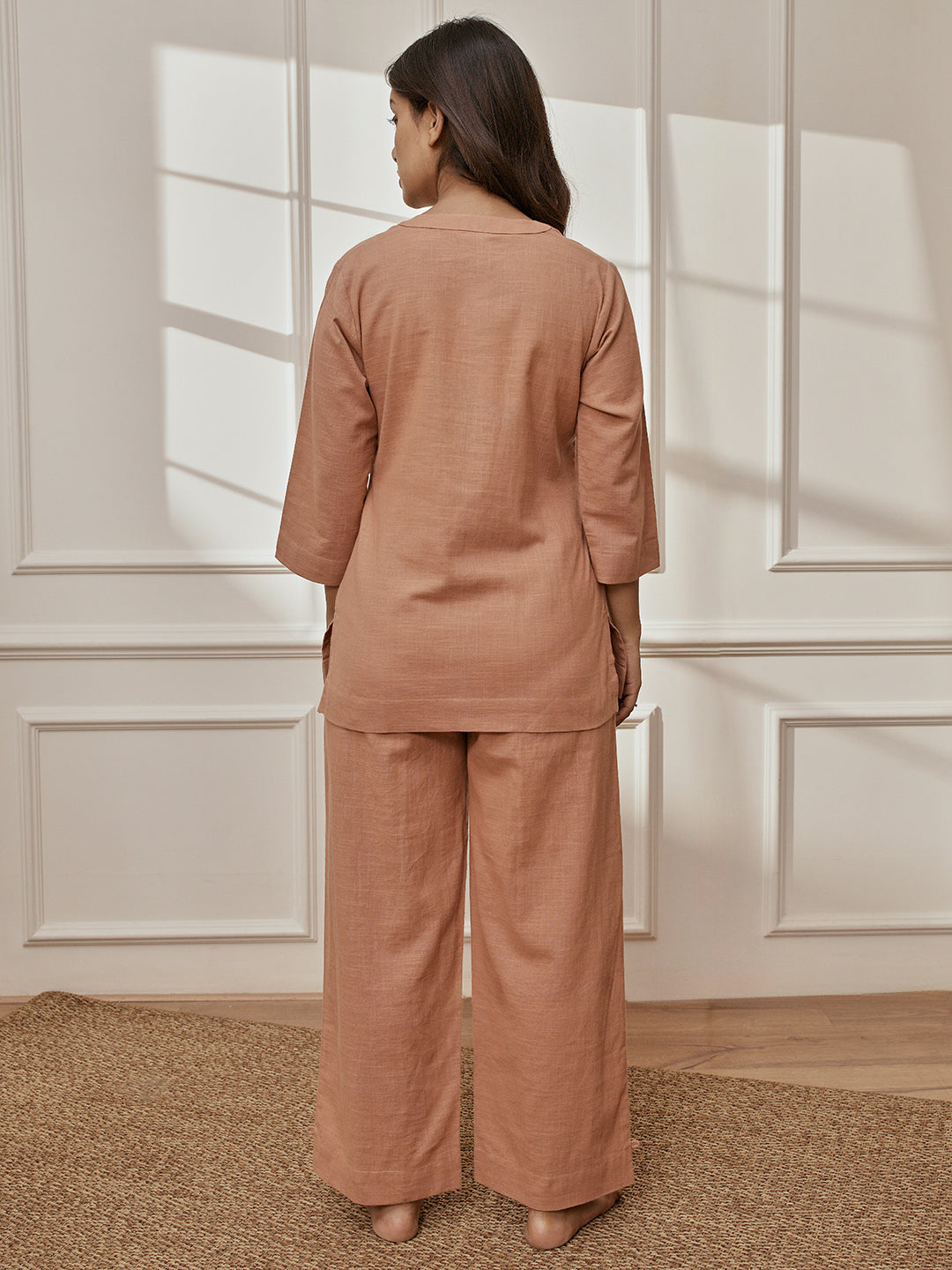 Women Rose Pink Cotton Linen Three-Quarter Sleeves Yoga Kurta with Straight Pants