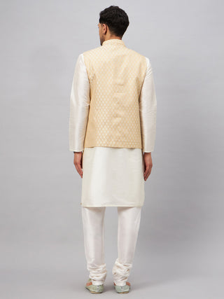 VM BY VASTRAMAY Men's Cream Silk Blend Jacket with Kurta Pyjama Set