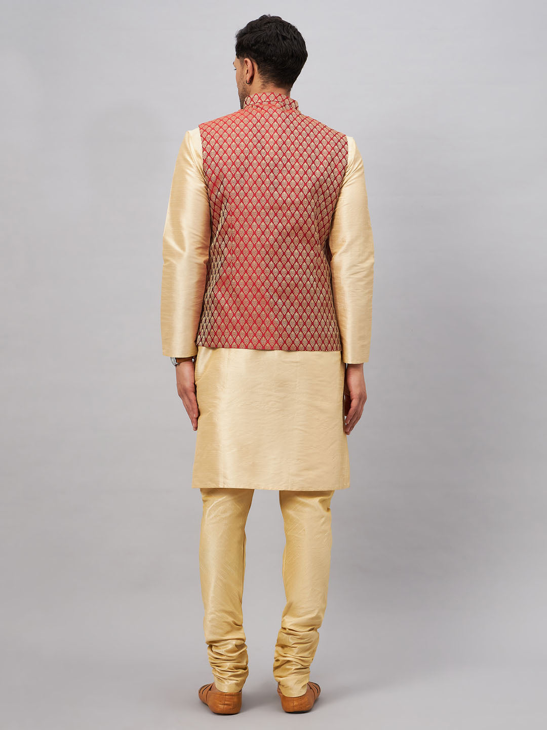 Men's Maroon Silk Blend Jacket With Kurta Pyjama Set