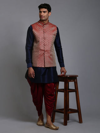 VM By VASTRAMAY Men's Maroon Silk Blend Jacket With Curved Kurta Dhoti Set
