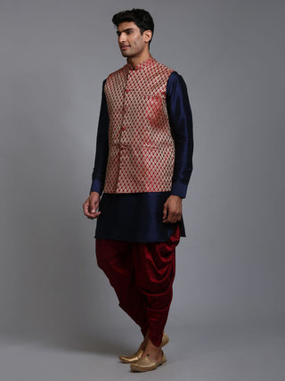 VM By VASTRAMAY Men's Maroon Silk Blend Jacket With Curved Kurta Dhoti Set