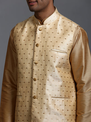 VM By VASTRAMAY Men's Gold Zari Weaved Jacket With Kurta Dhoti Set