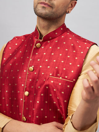 VM By VASTRAMAY Men's Maroon Zari Weaved Jacket With Kurta Pant Set