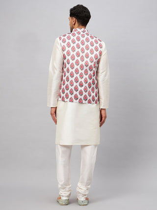 VM BY VASTRAMAY Men's Multicolor Printed Ethnic Jacket With Cream Silk Blend Kurta and Pyjama Set