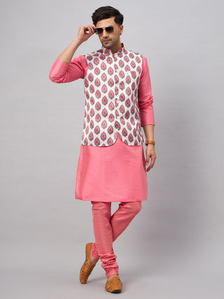 VM BY VASTRAMAY Men's Multicolor Printed Jacket With Pink Kurta And Pyjama Set