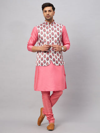 VM BY VASTRAMAY Men's Multicolor Printed Jacket With Pink Kurta And Pyjama Set