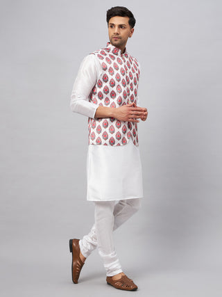 VM BY VASTRAMAY Men's Multicolor Printed Ethnic Jacket With White Cotton Blend Kurta and Pyjama Set